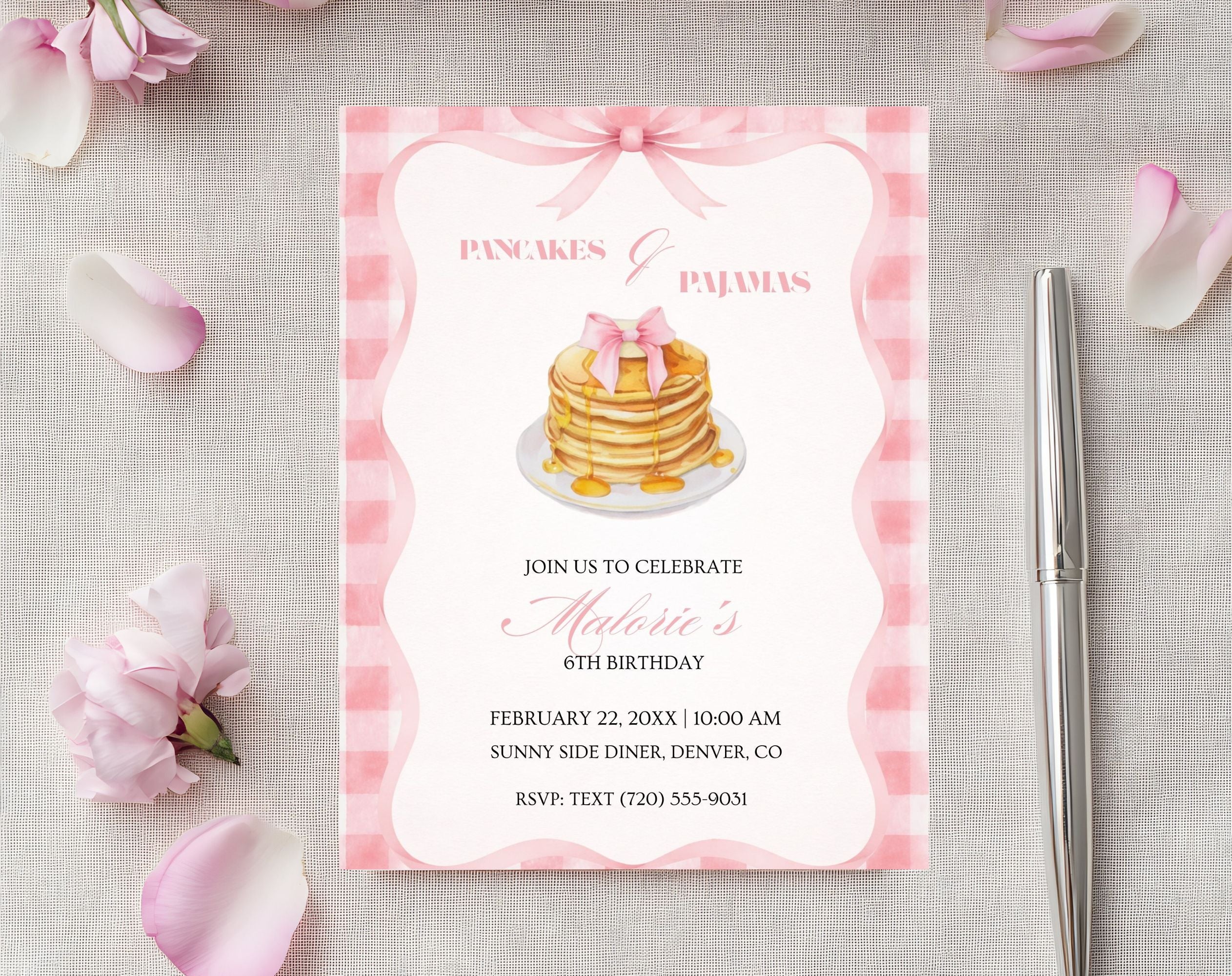 Pink Pancakes and Pajamas 6th Birthday Invitation
