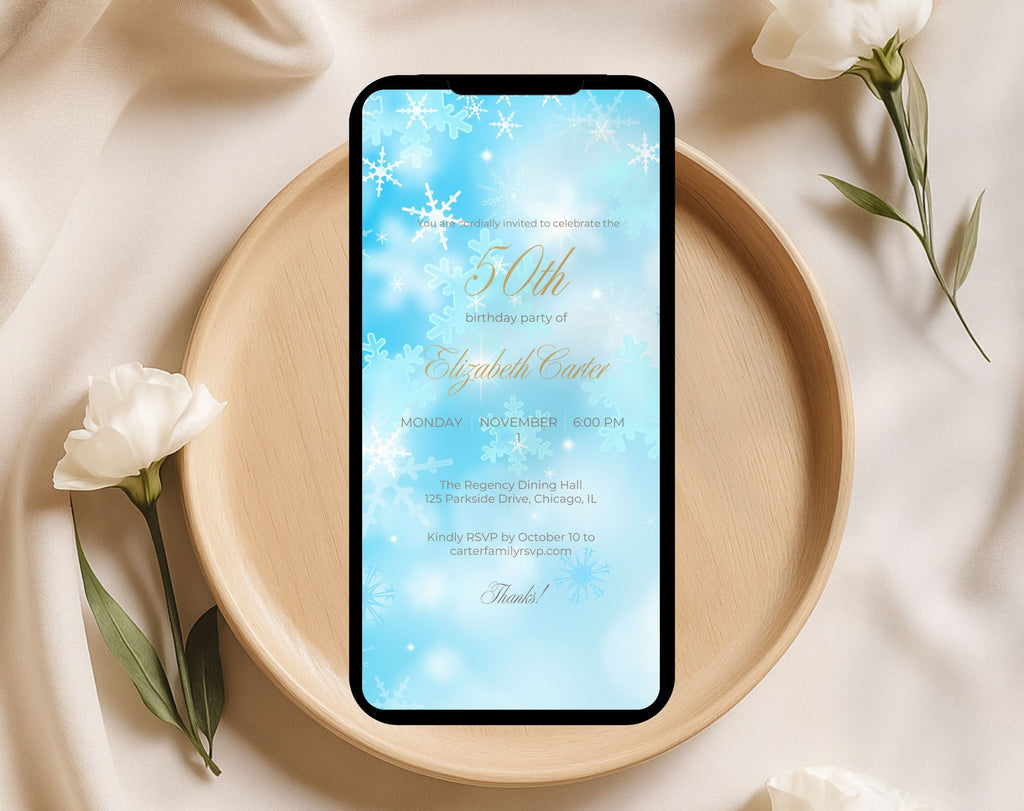 Winter Birthday Invitation Blue Snowflake 50th Party Invite Editable Template Evite Instant Download