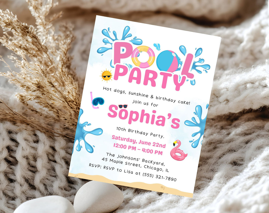 Pink Blue Pool Party 10th birthday Invitation