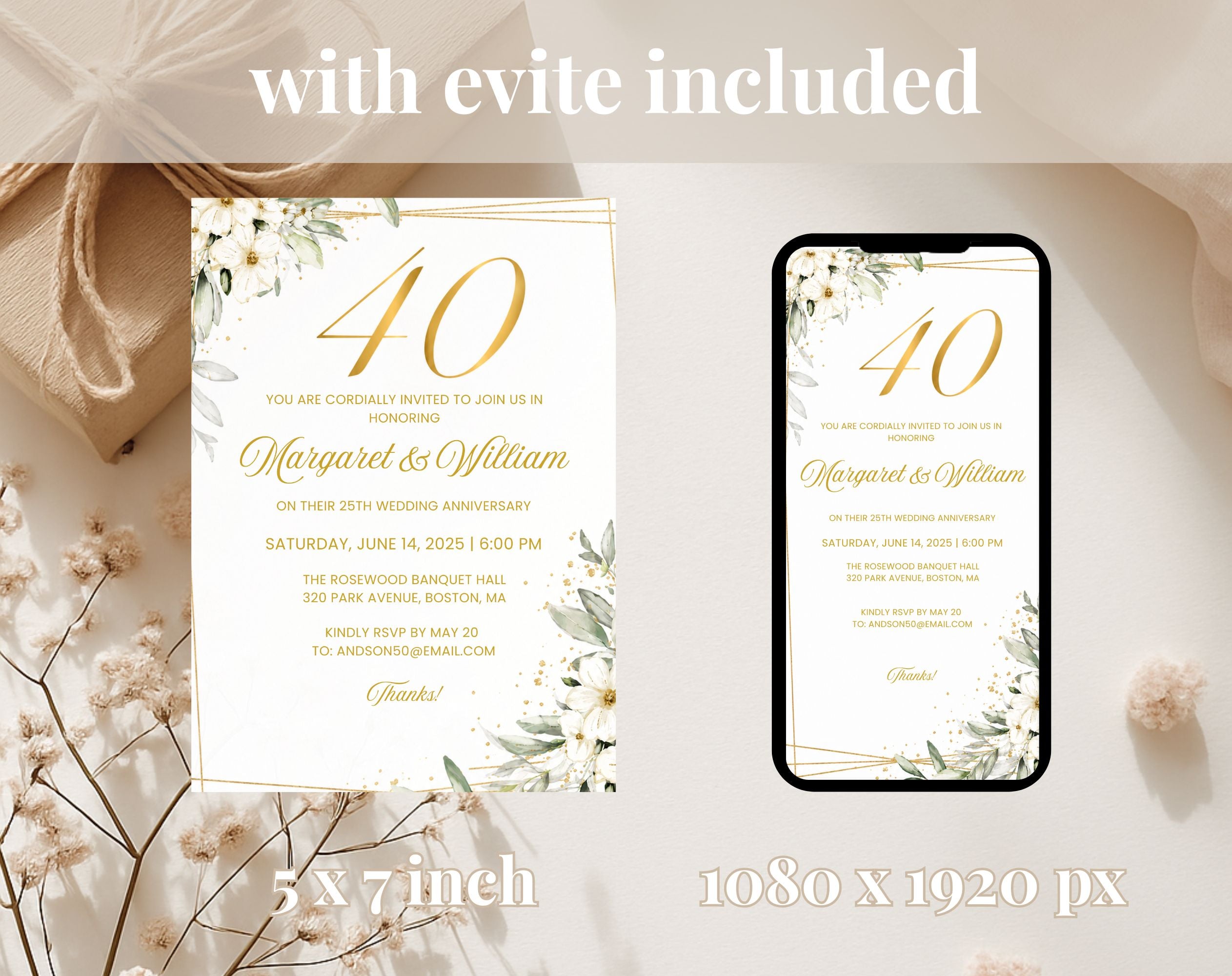 White Gold Floral 40th Wedding Anniversary Invitation