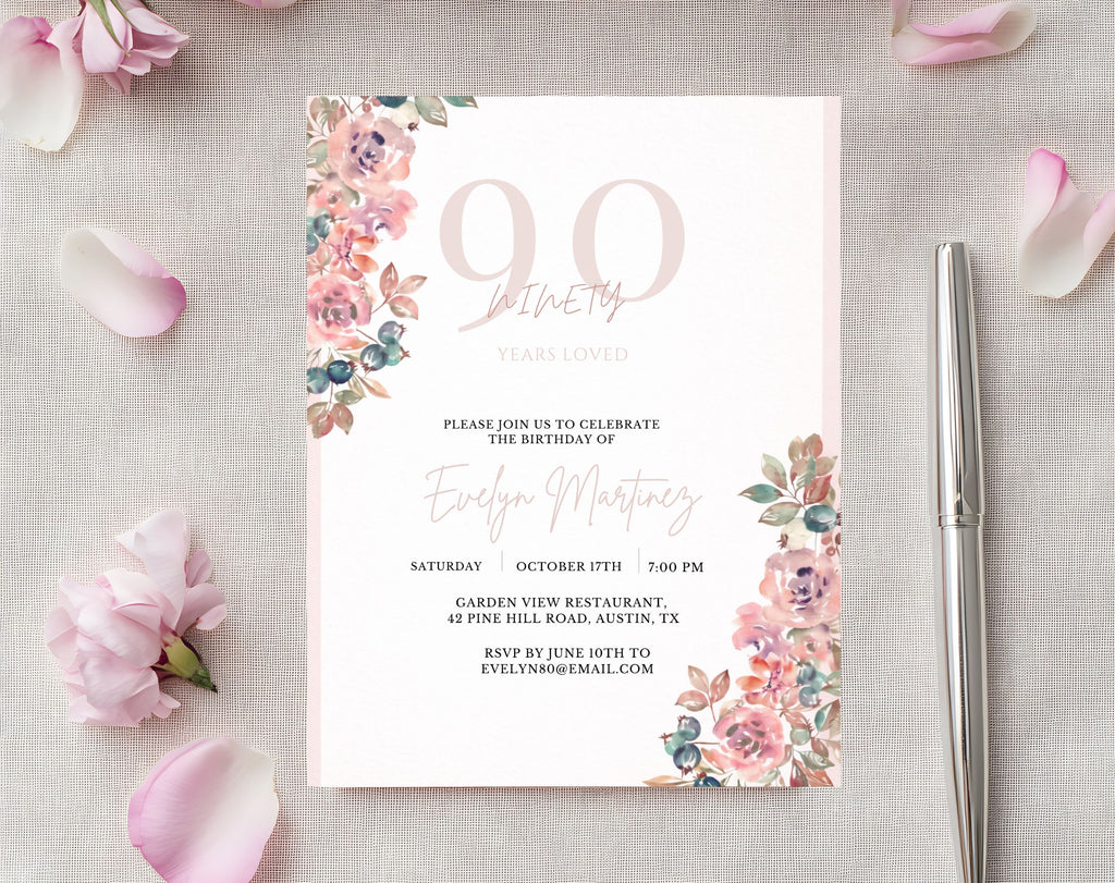 Blush Pink Floral 90th Birthday Invitation