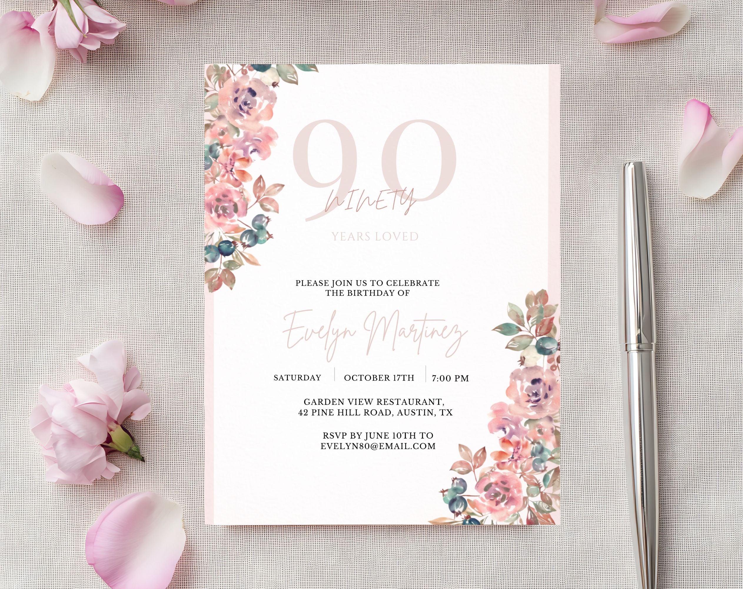 Blush Pink Floral 90th Birthday Invitation