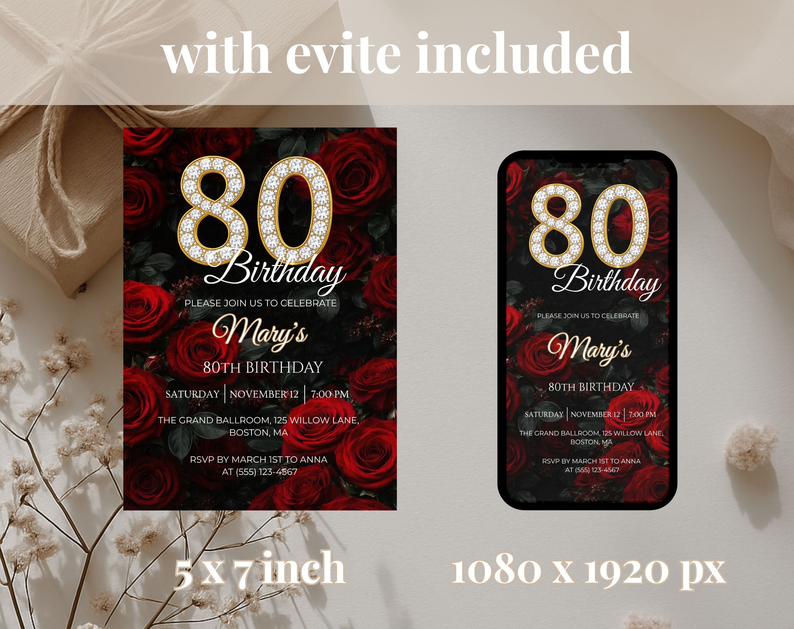 Luxury Red Rose 80th Birthday Invitation