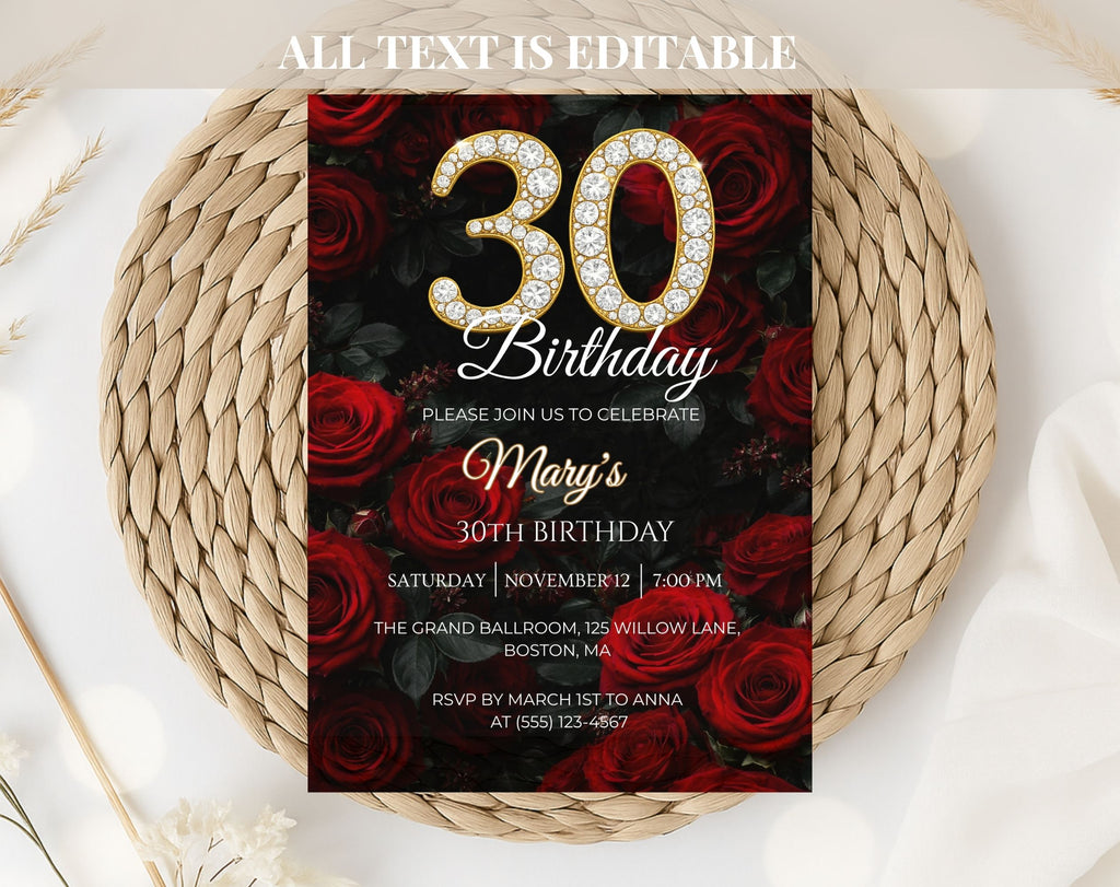 Red Rose 30th Birthday Invitation