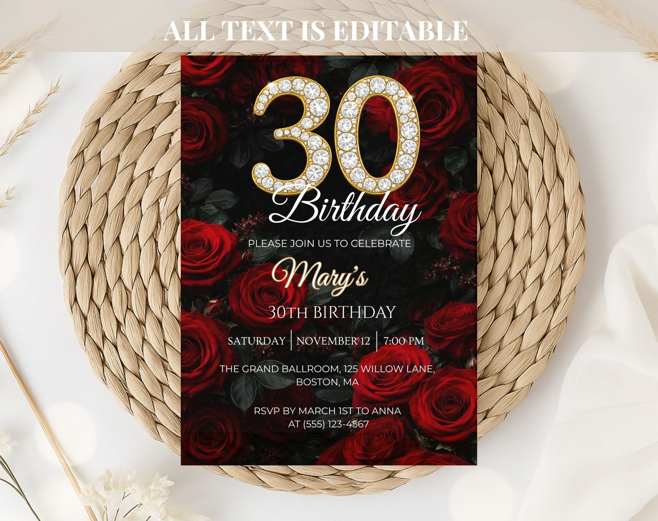 Red Rose 30th Birthday Invitation