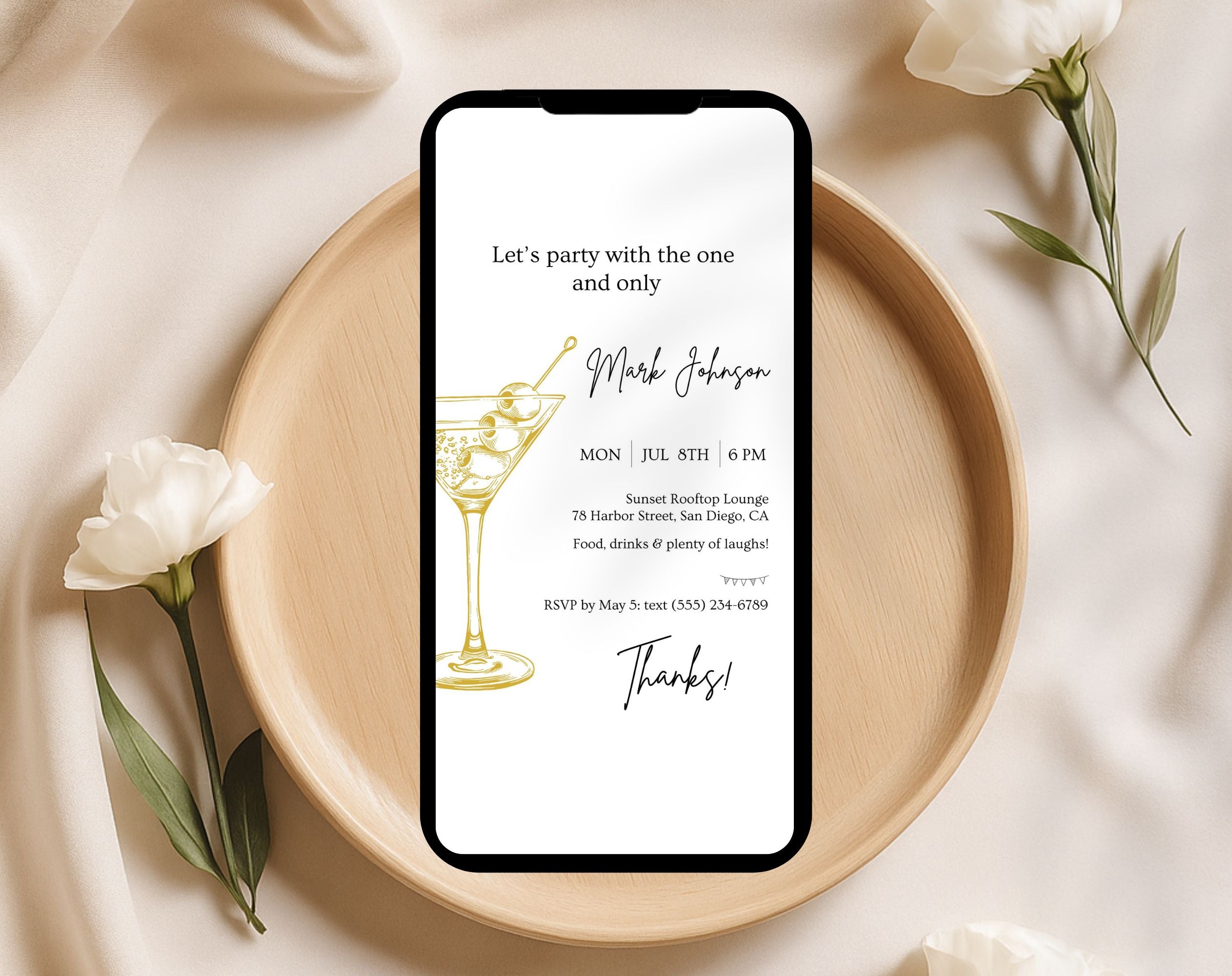 Gold Cocktail Birthday Party Invitation