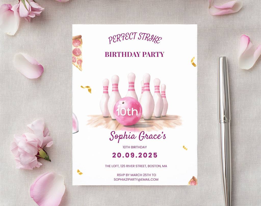 Girls Pink Bowling 10th Birthday Invitation
