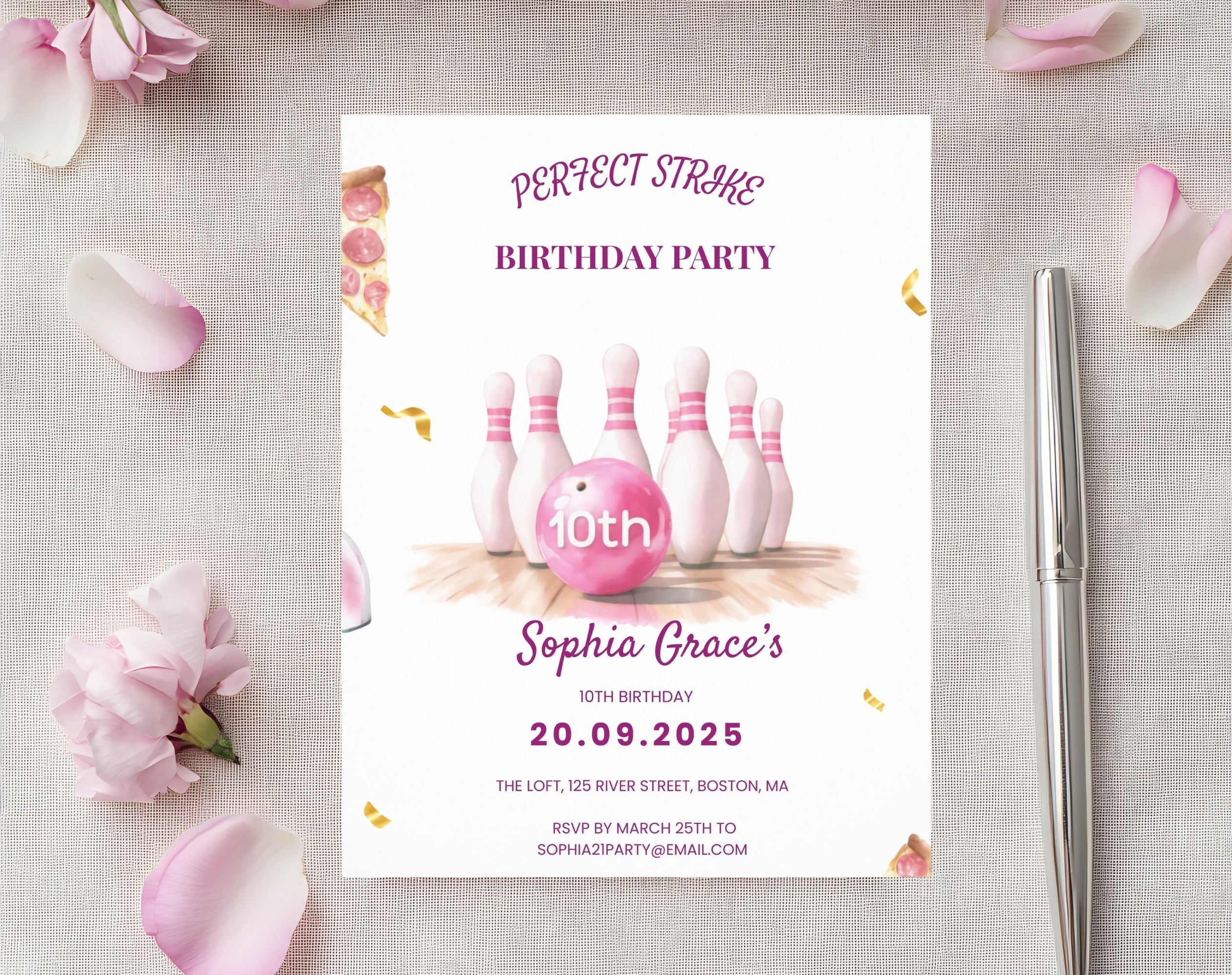 Girls Pink Bowling 10th Birthday Invitation