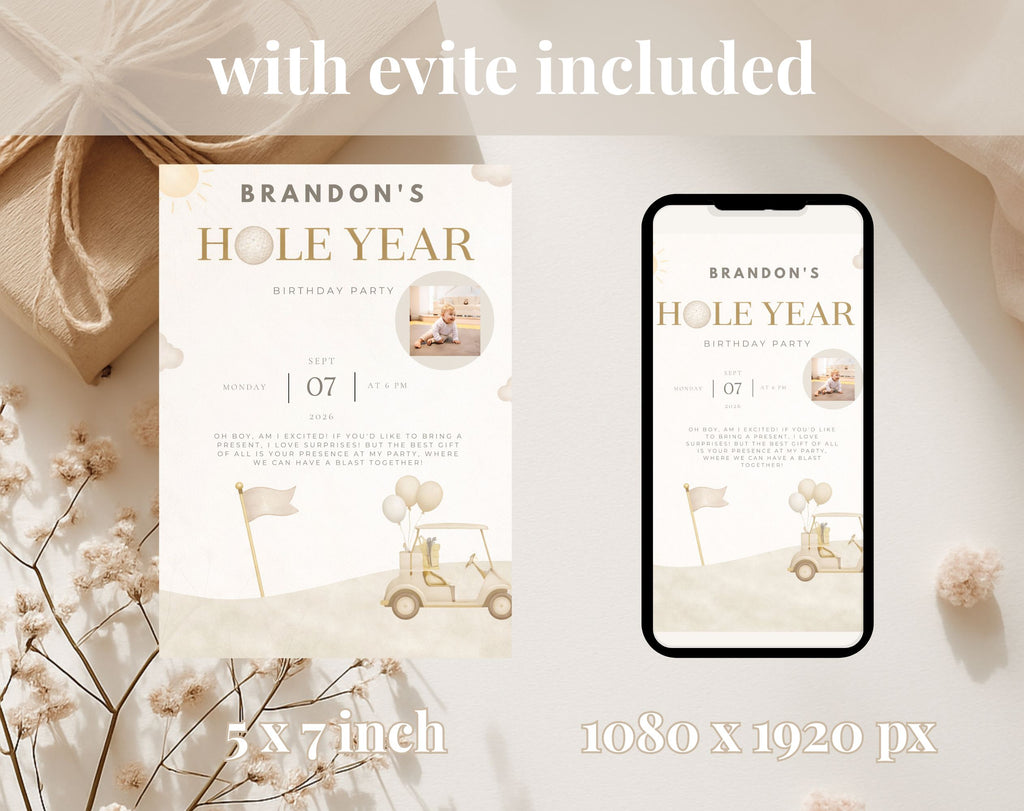 Beige and Gold Golf First Birthday Invitation