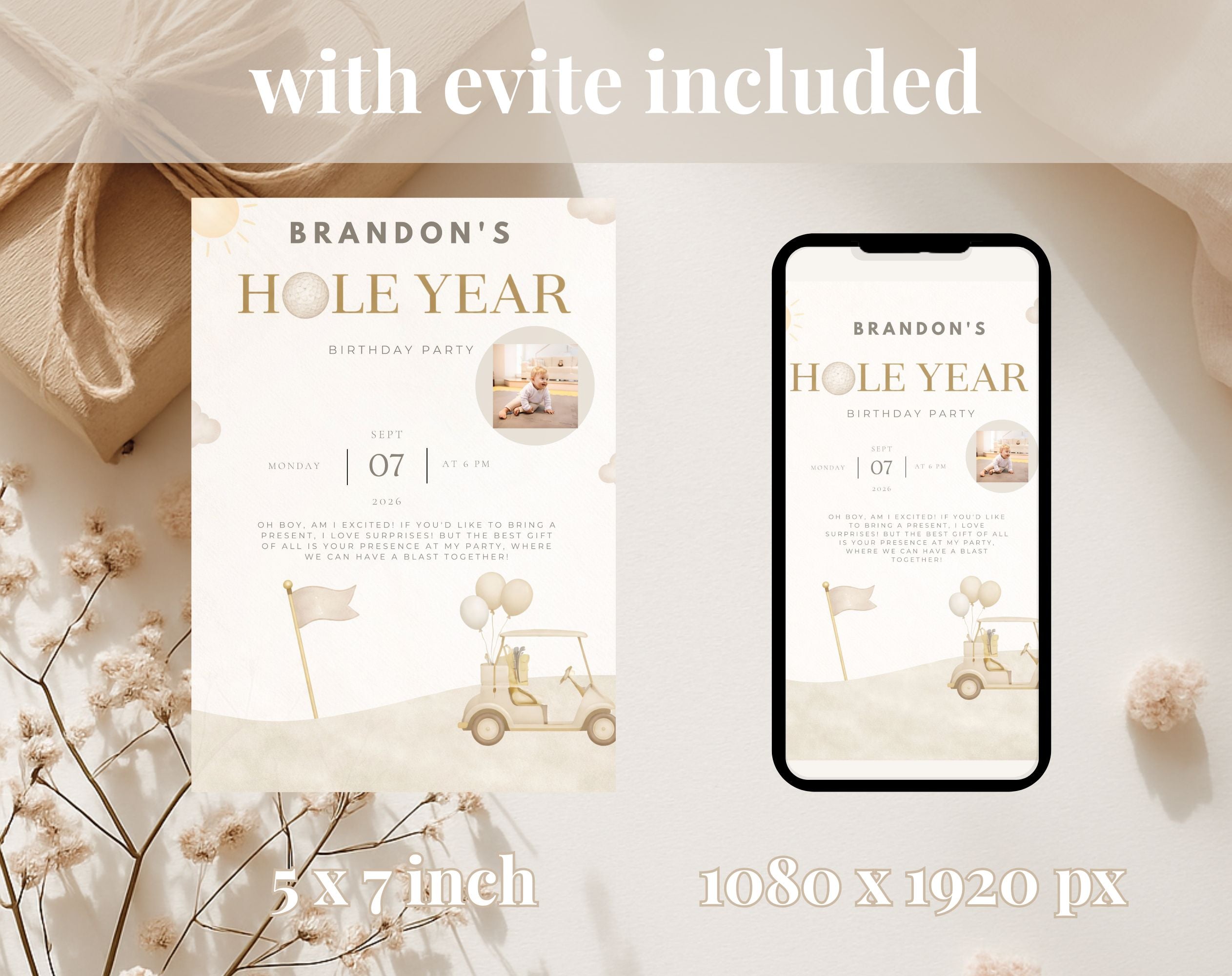 Beige and Gold Golf First Birthday Invitation
