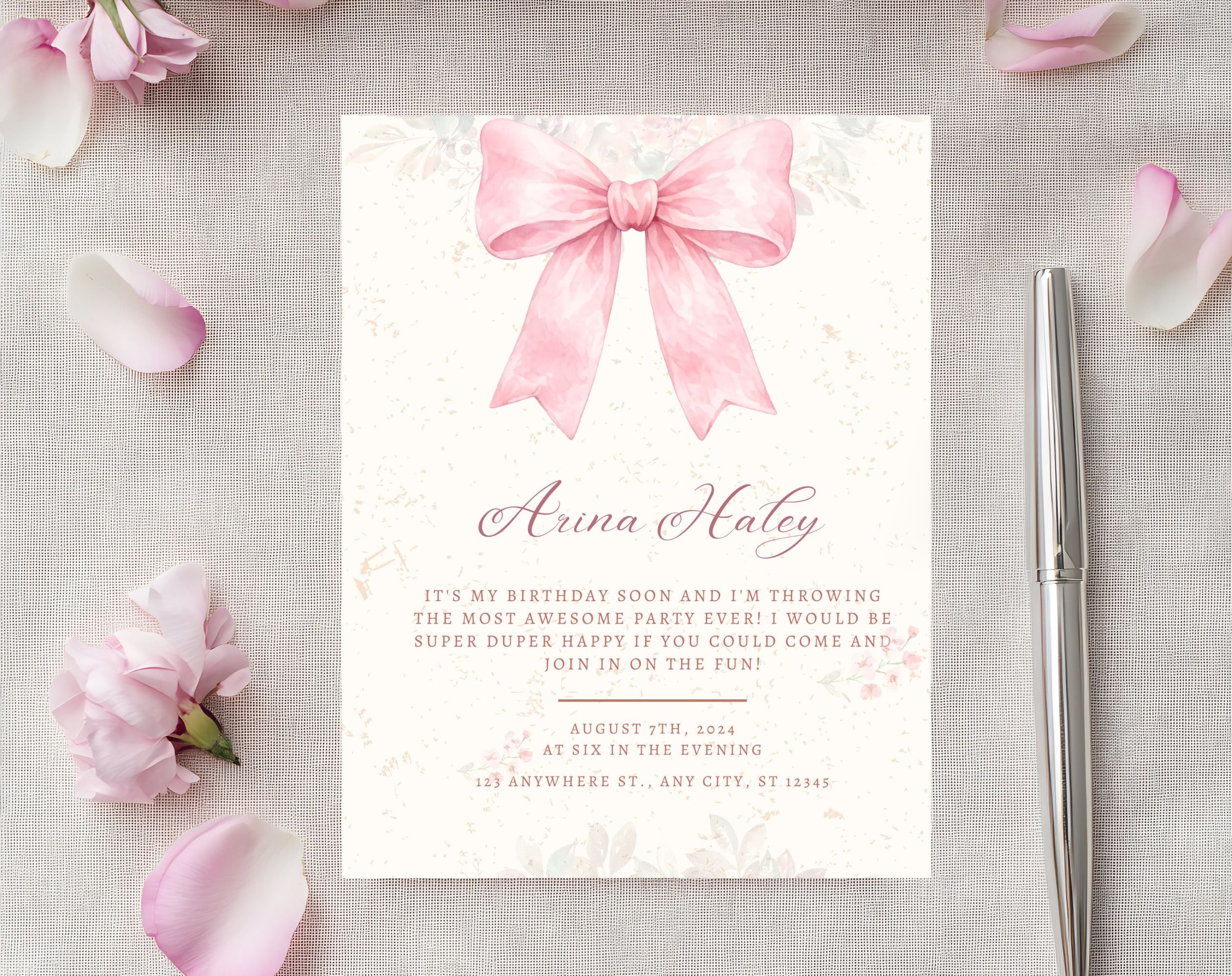 Pink Bow Birthday Invitation