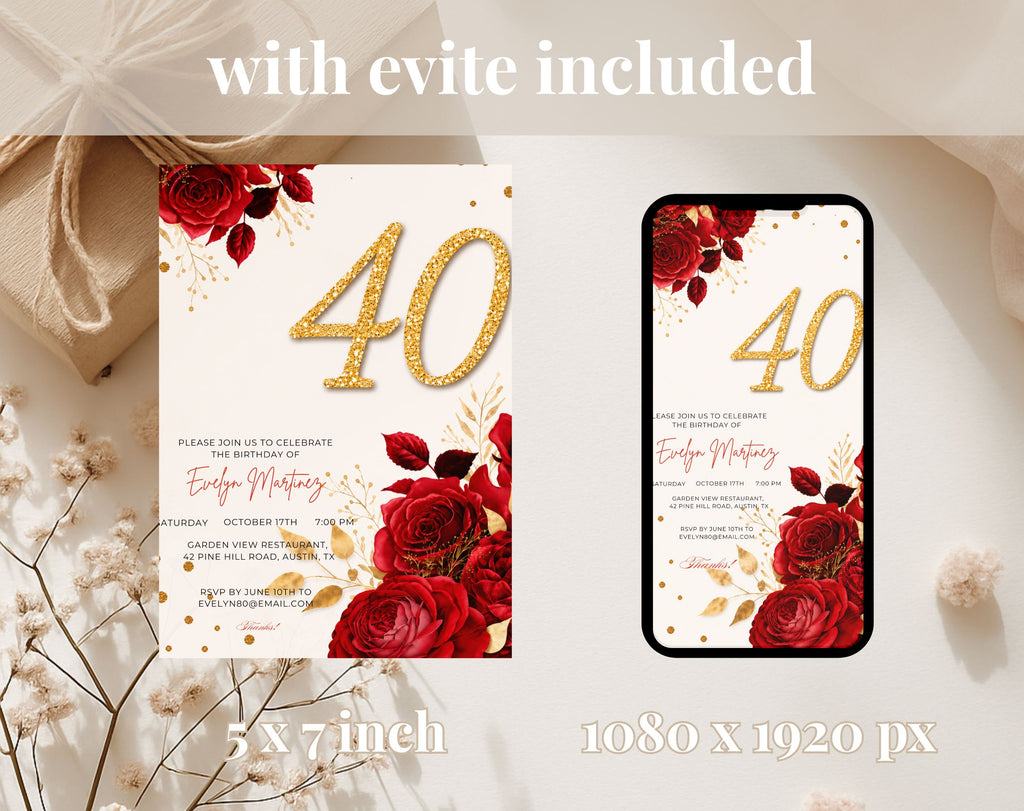 Elegant red rose golden 40th Birthday Invitation