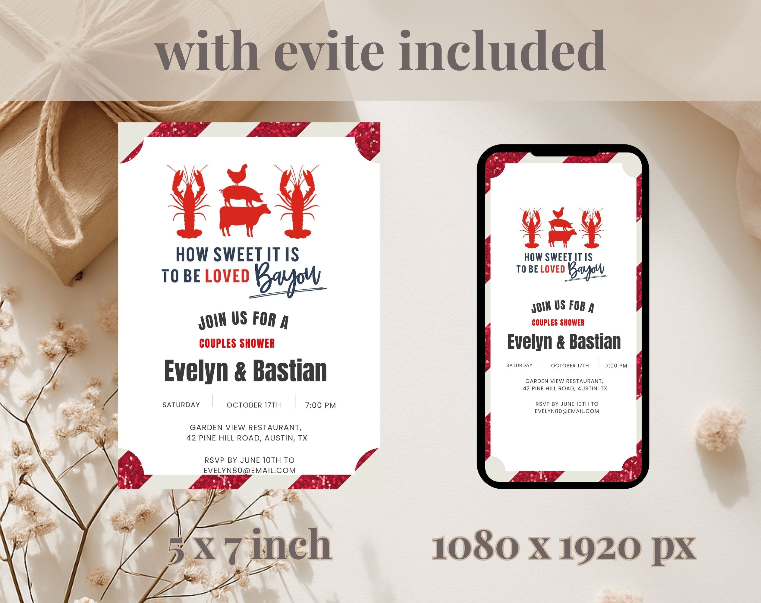 Red and White Bayou Couples Shower Invitation