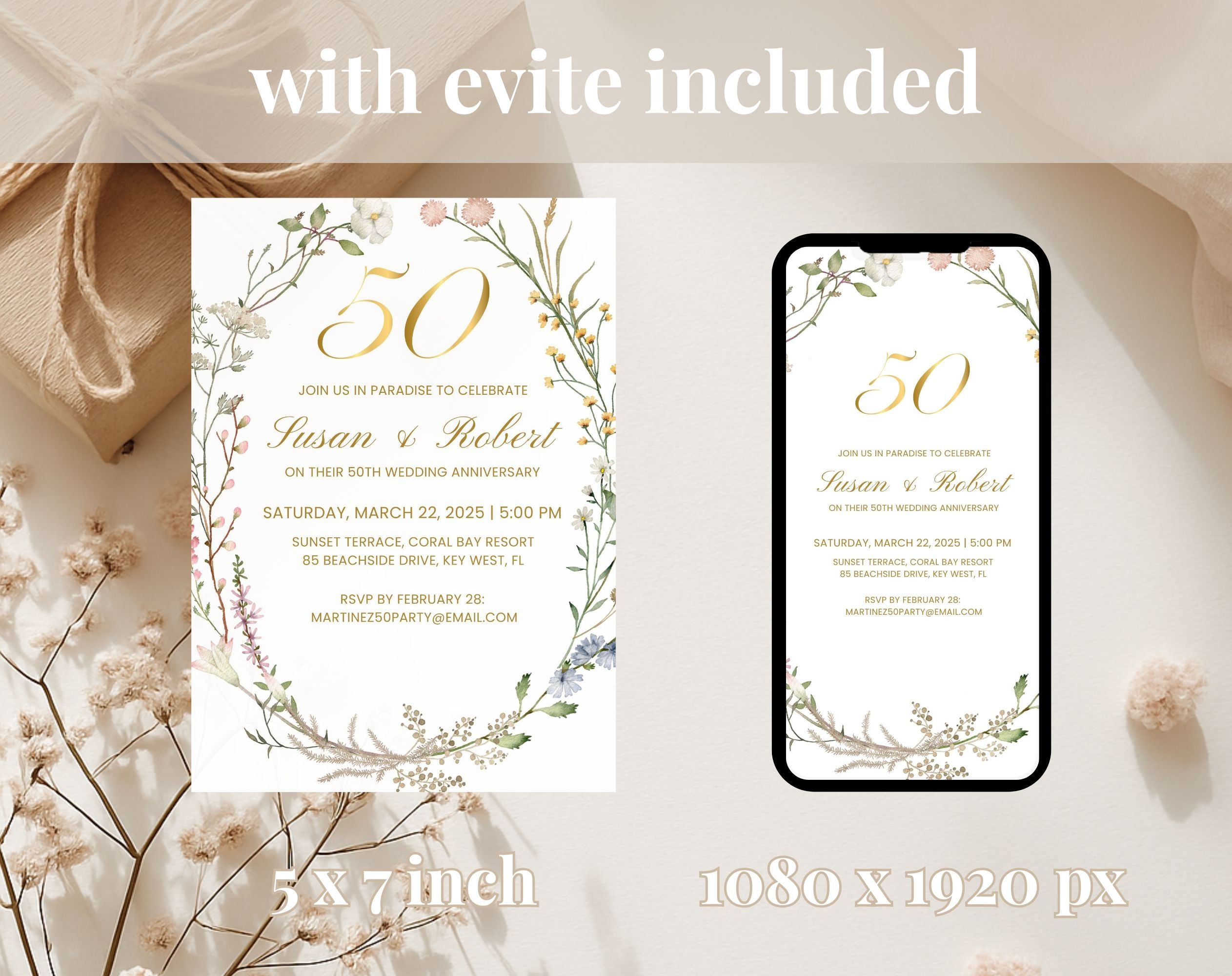 White Floral 50th Anniversary Invitation