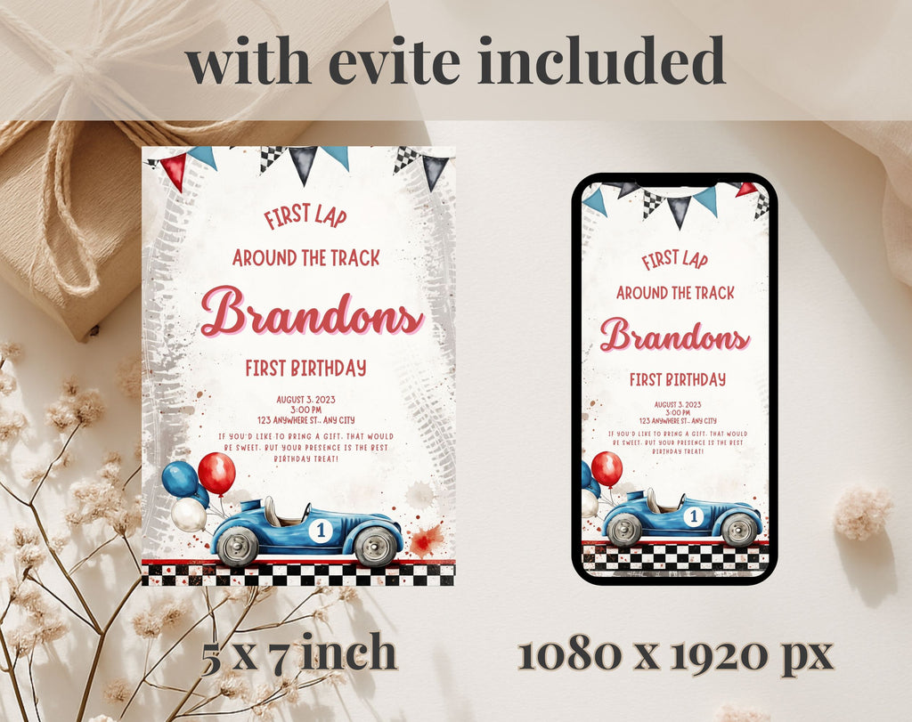 Red Blue Race Car First Birthday Invitation