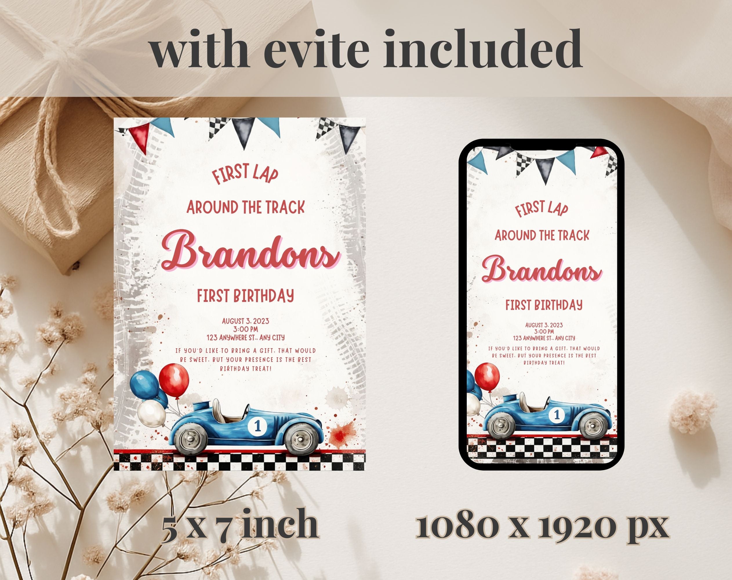 Red Blue Race Car First Birthday Invitation