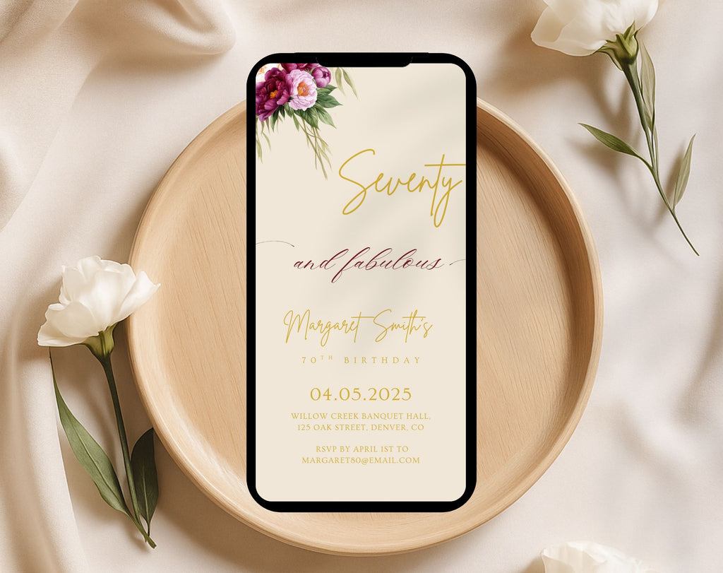 Beige Floral Elegant 70th Birthday Invitation