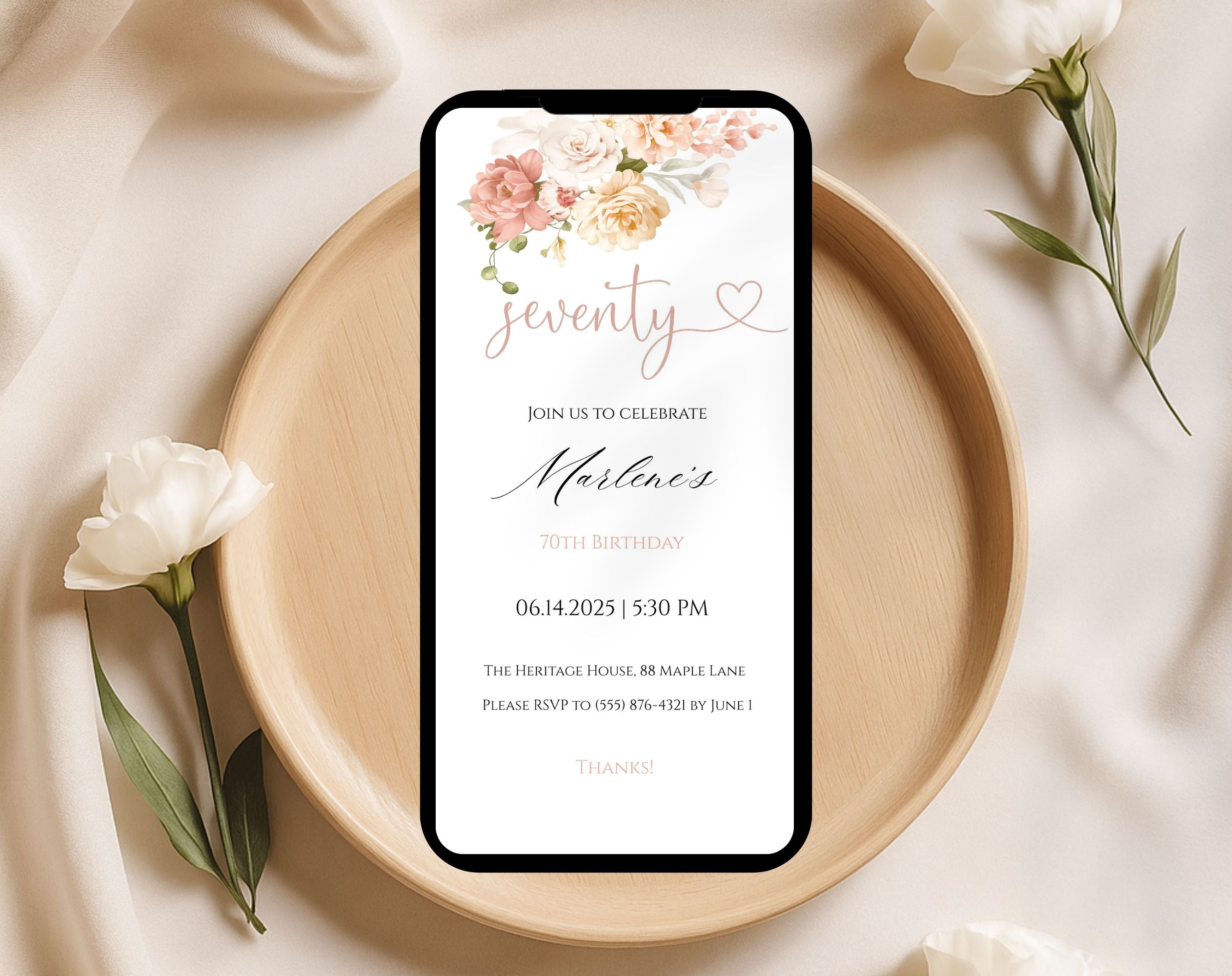 White Elegant Peach Floral 70th Birthday Invitation