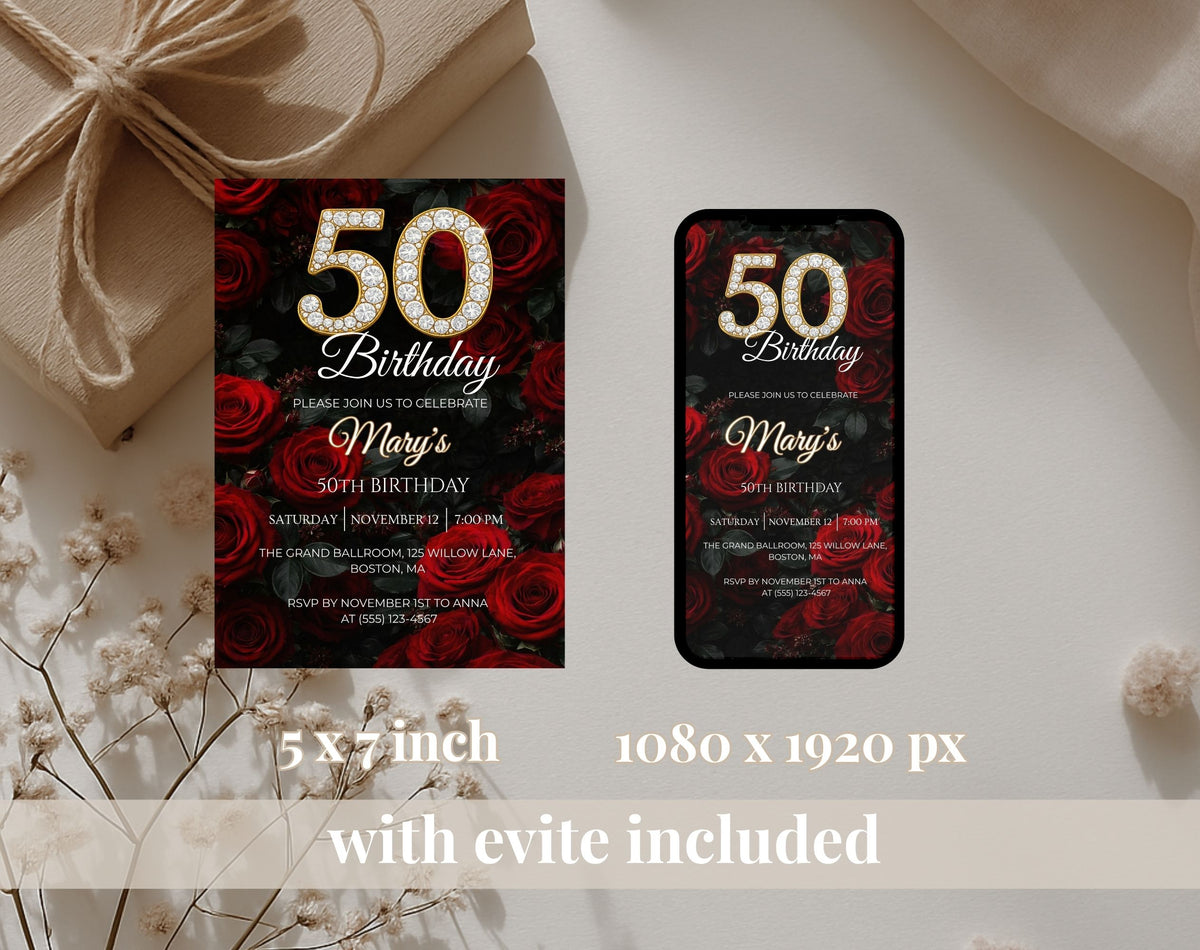 Luxury Red Rose 50th Birthday Invitation