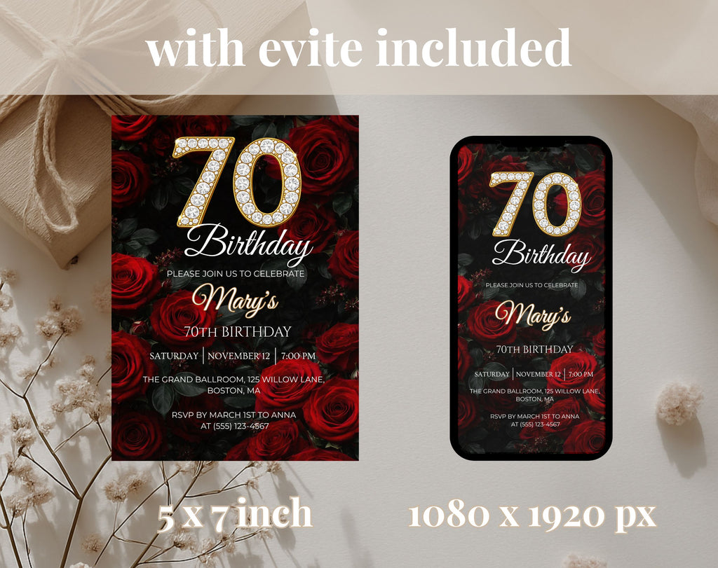 Luxury Red Rose 70th Birthday Invitation