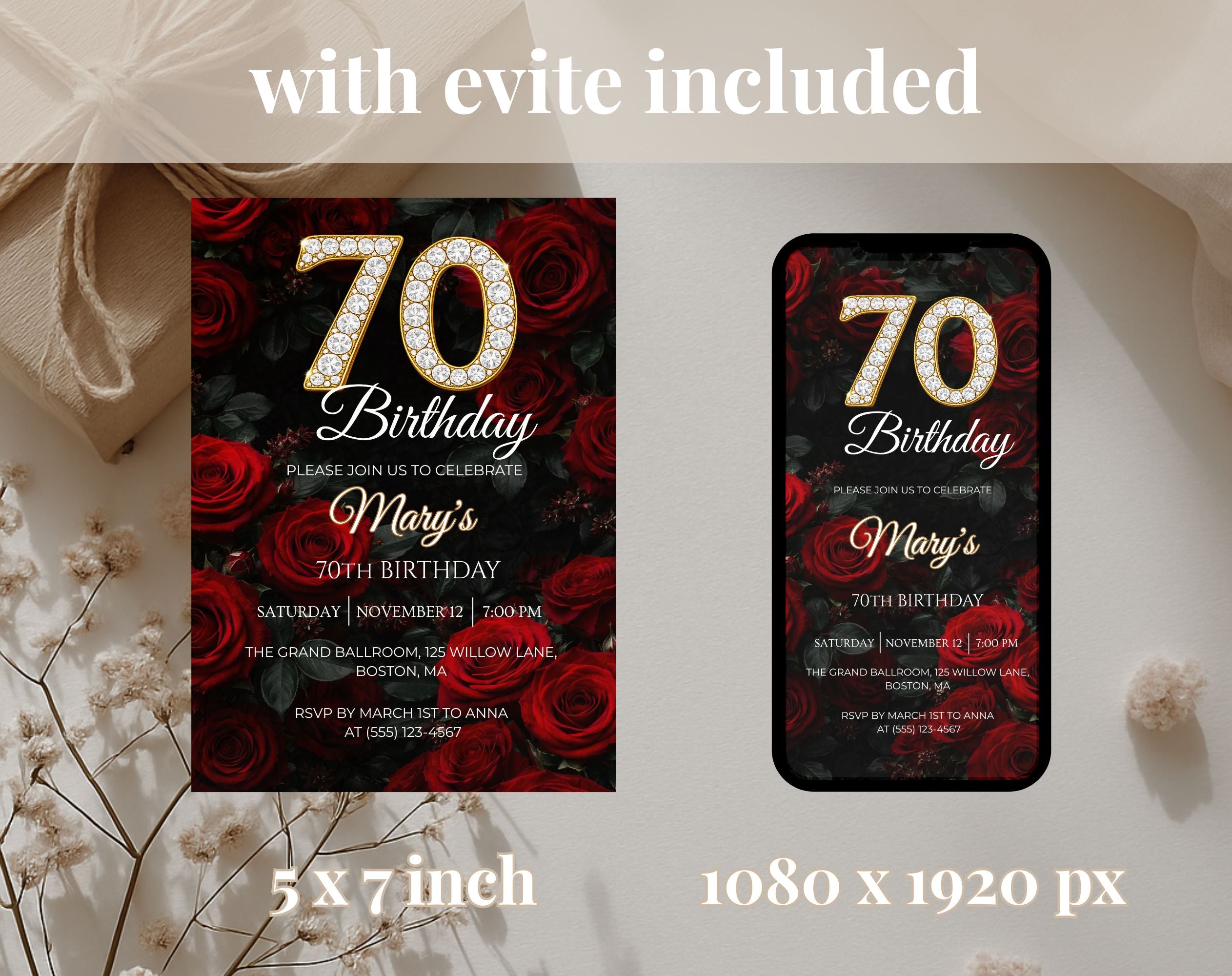 Luxury Red Rose 70th Birthday Invitation