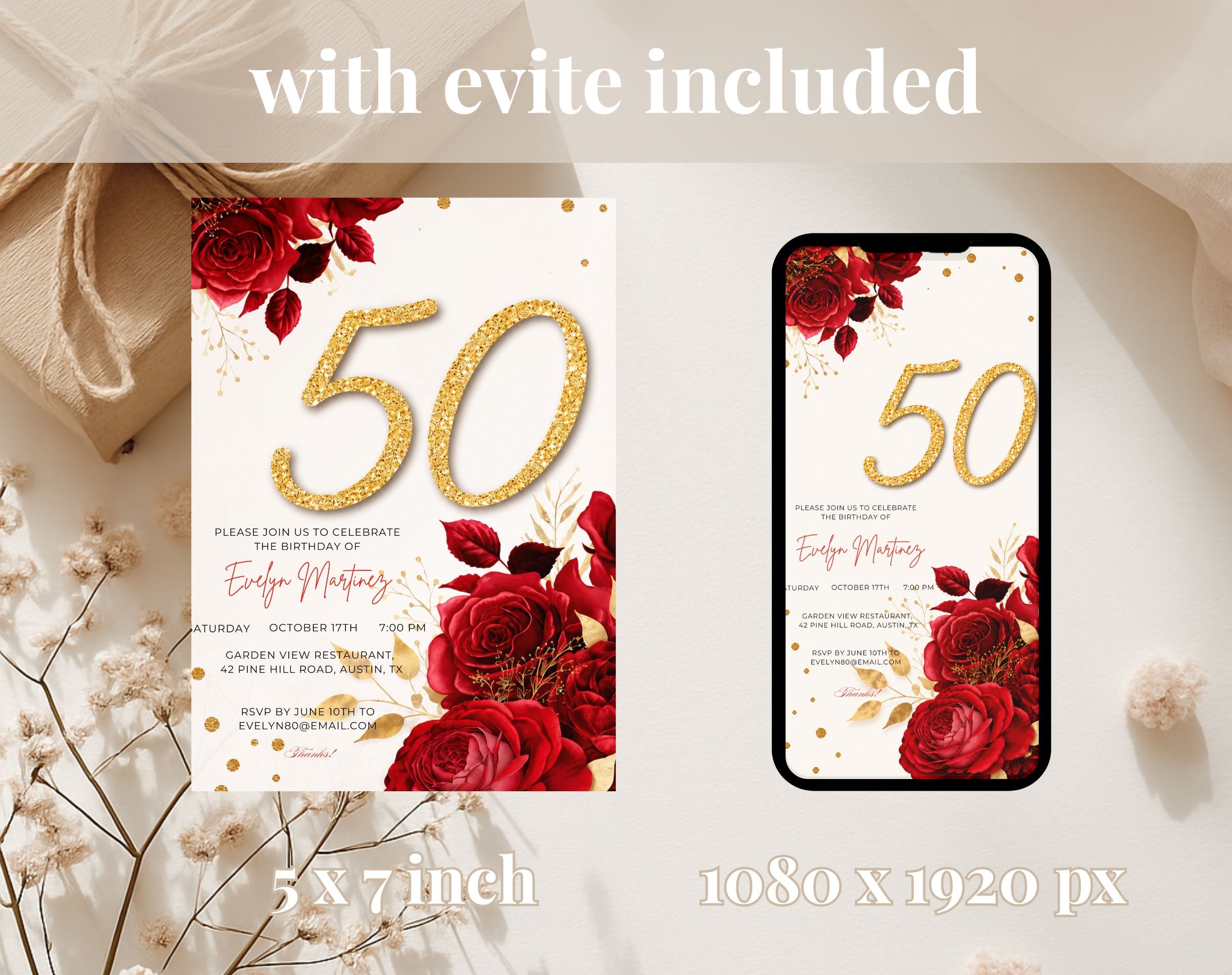 Red Rose Gold 50th Birthday Invitation