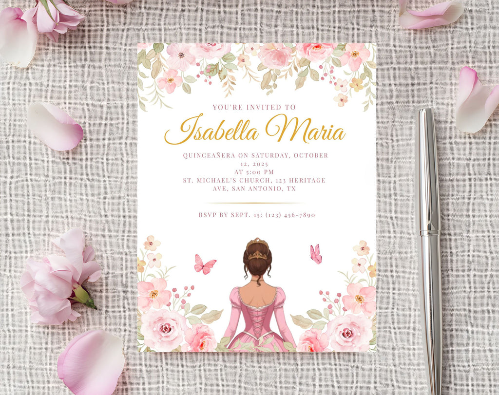 Pink and Gold Quinceañera Sweet 15 Birthday Invitation