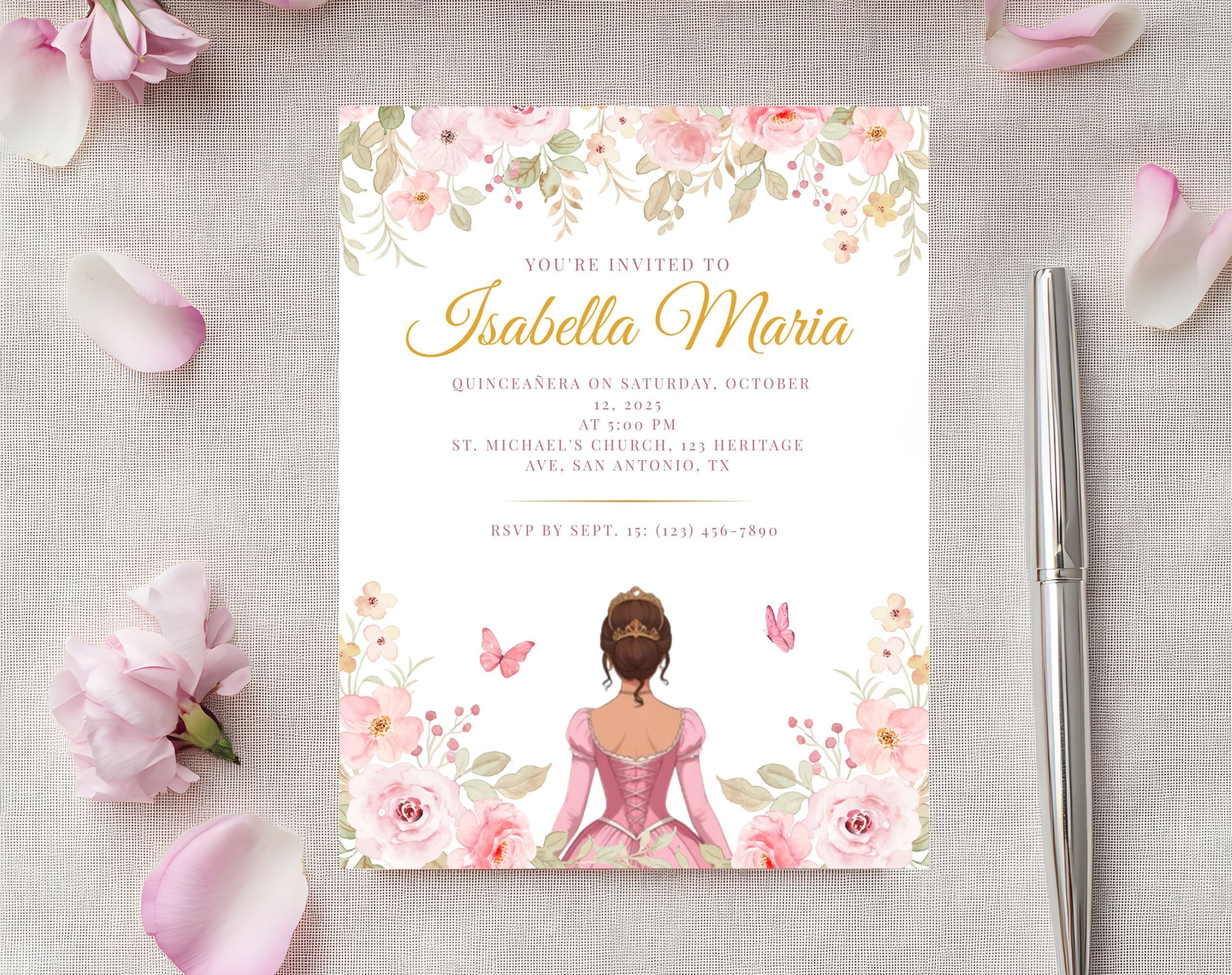Pink and Gold Quinceañera Sweet 15 Birthday Invitation