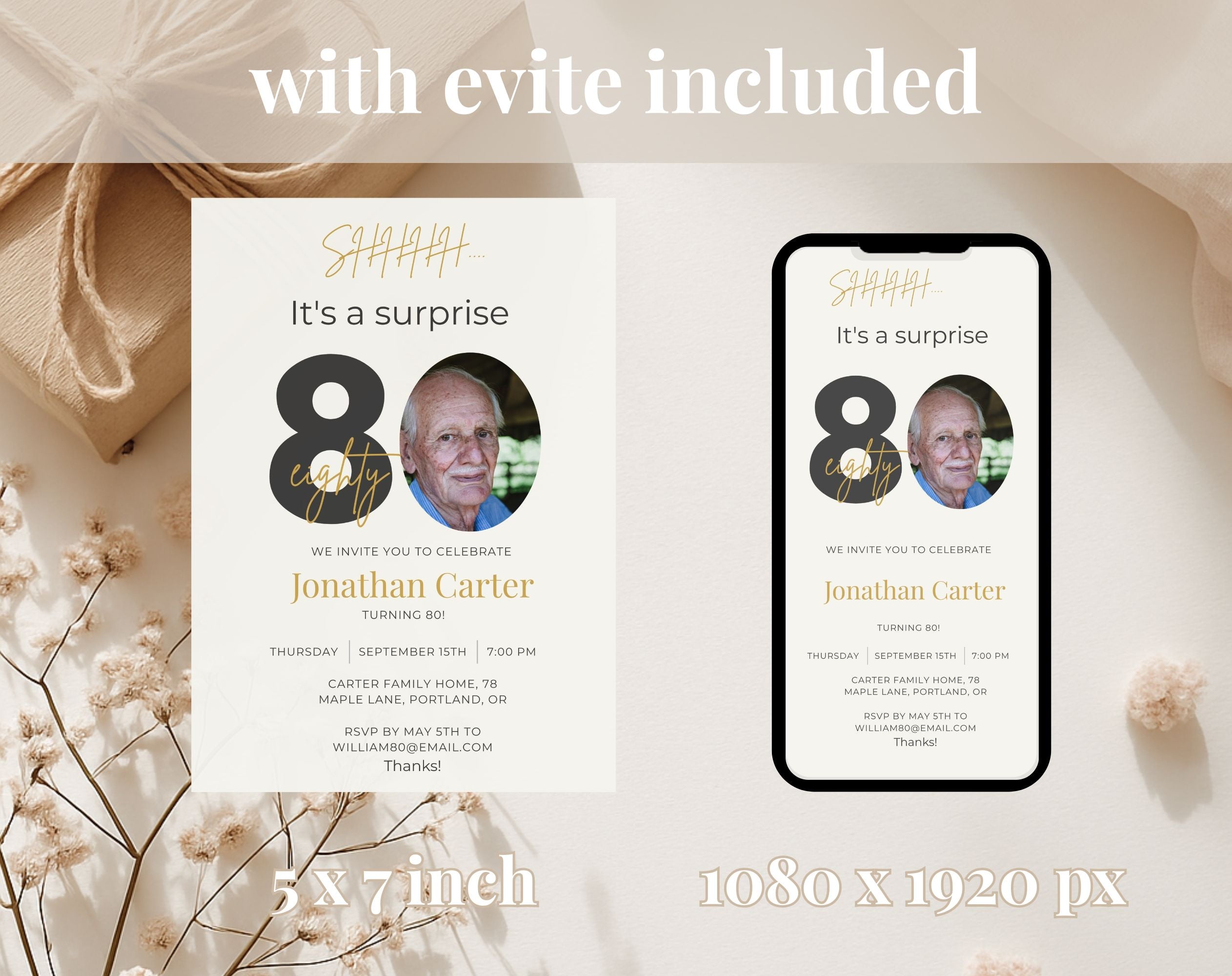Beige 80th Birthday Invitation
