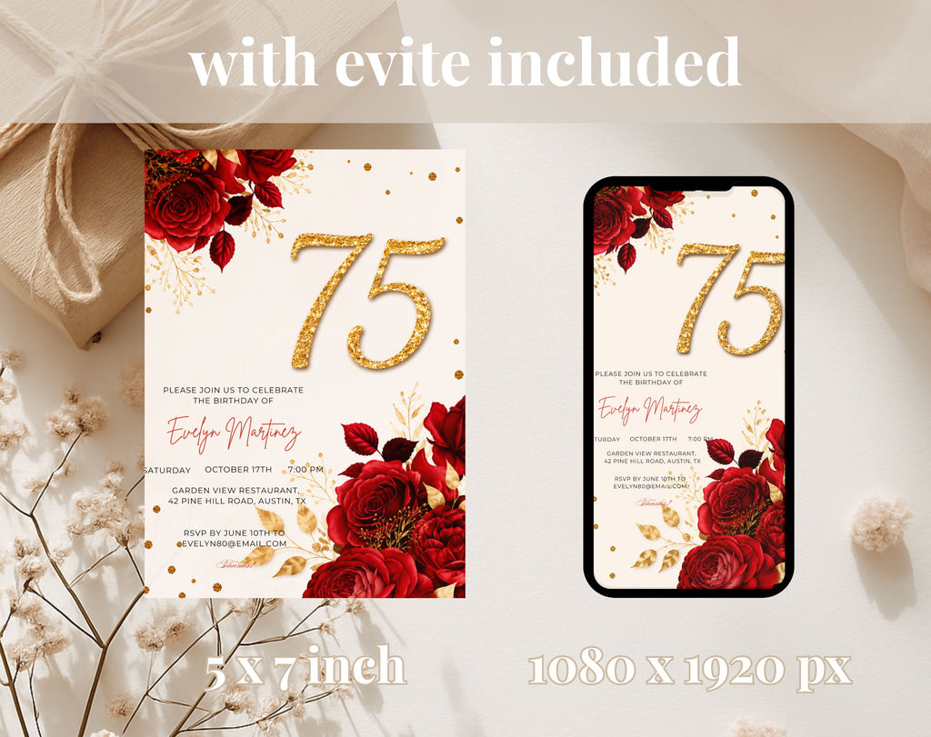 Elegant Red Rose 75th Birthday Invitation