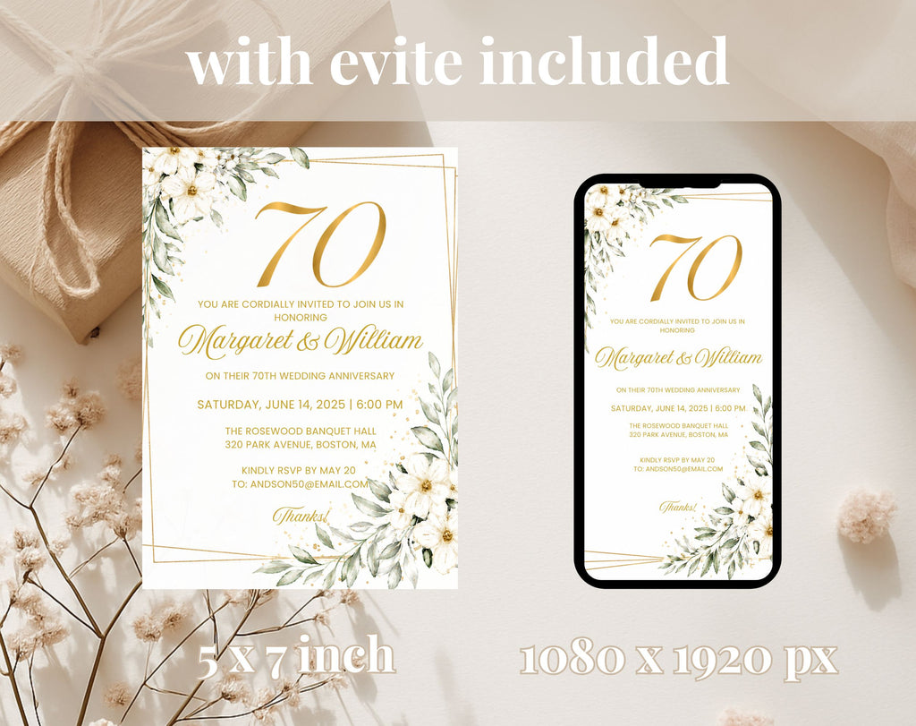 White Gold Floral 70th Wedding Anniversary Invitation