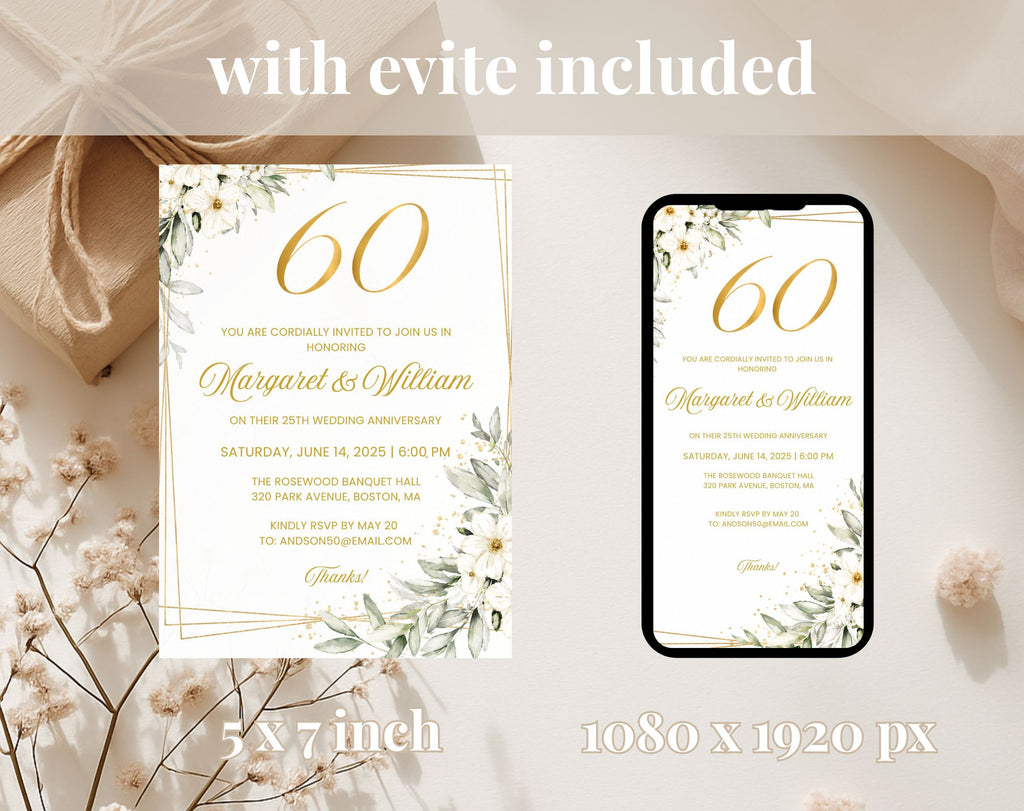 White Gold Floral 60th Wedding Anniversary Invitation