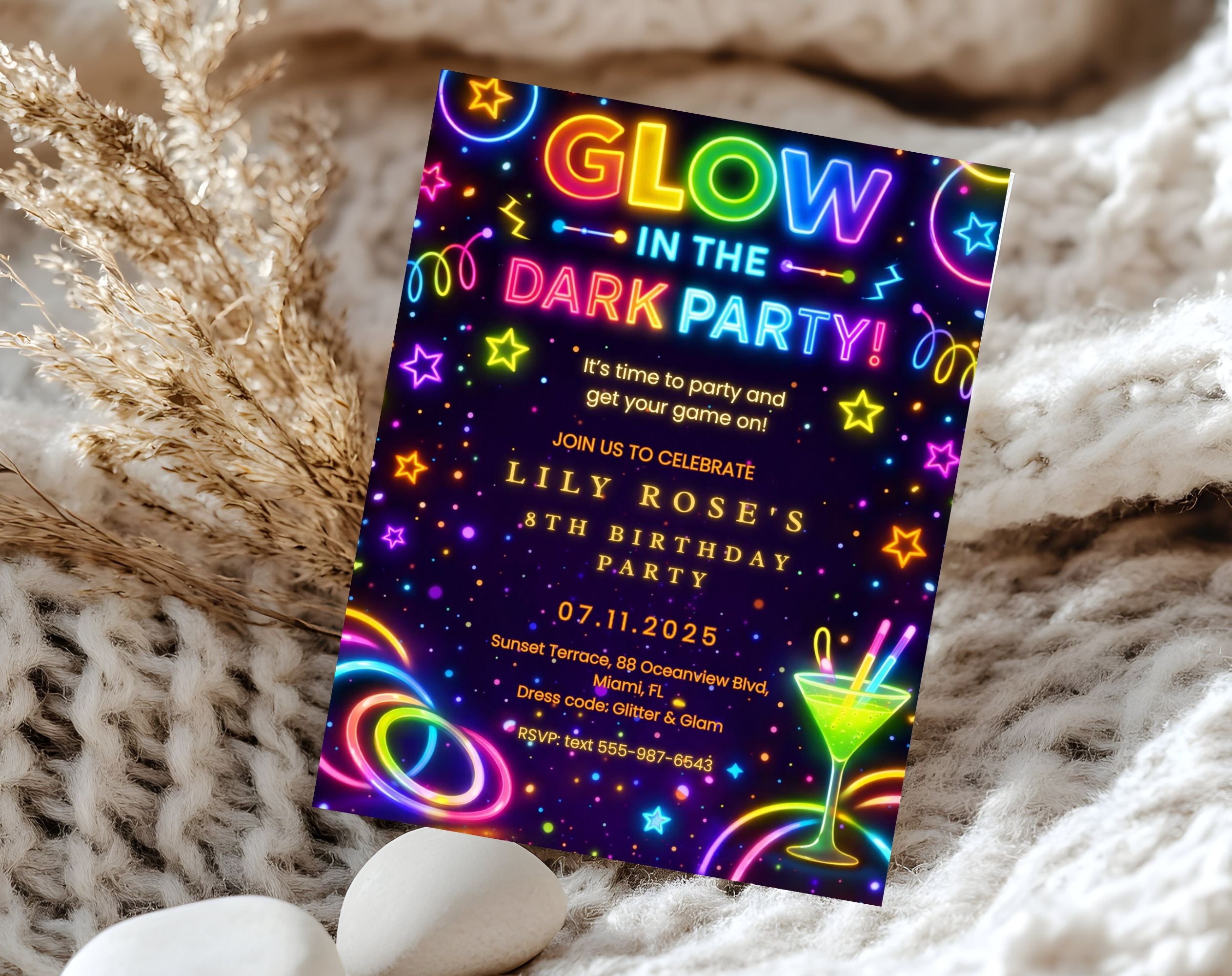 Neon Glow 8th Birthday Invitation