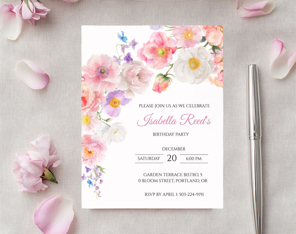 Elegant Pink Flower Floral Birthday Invitation