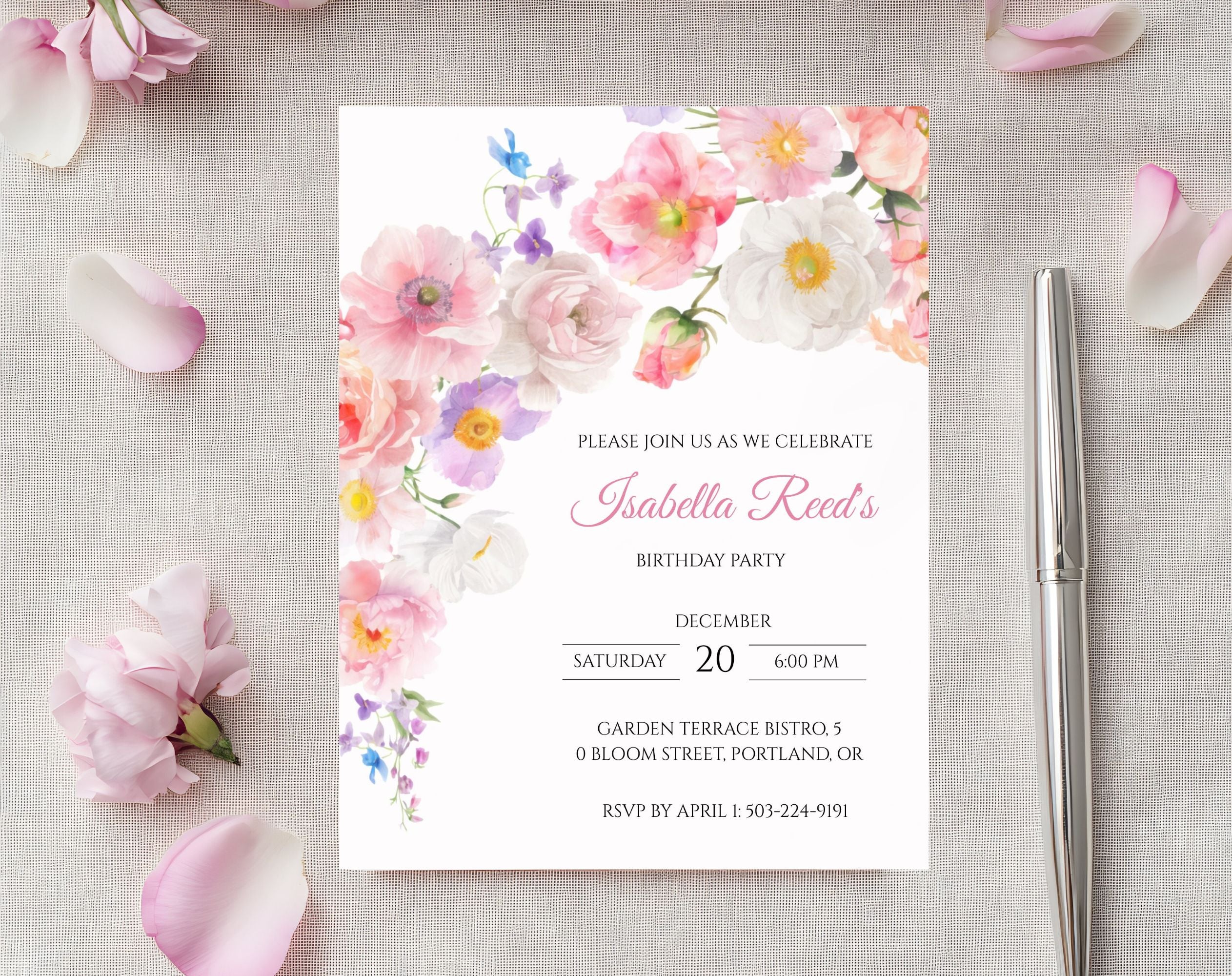 Elegant Pink Flower Floral Birthday Invitation