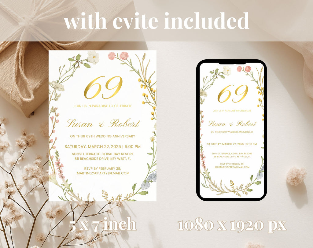 69th gold floral Wedding Anniversary Invitation