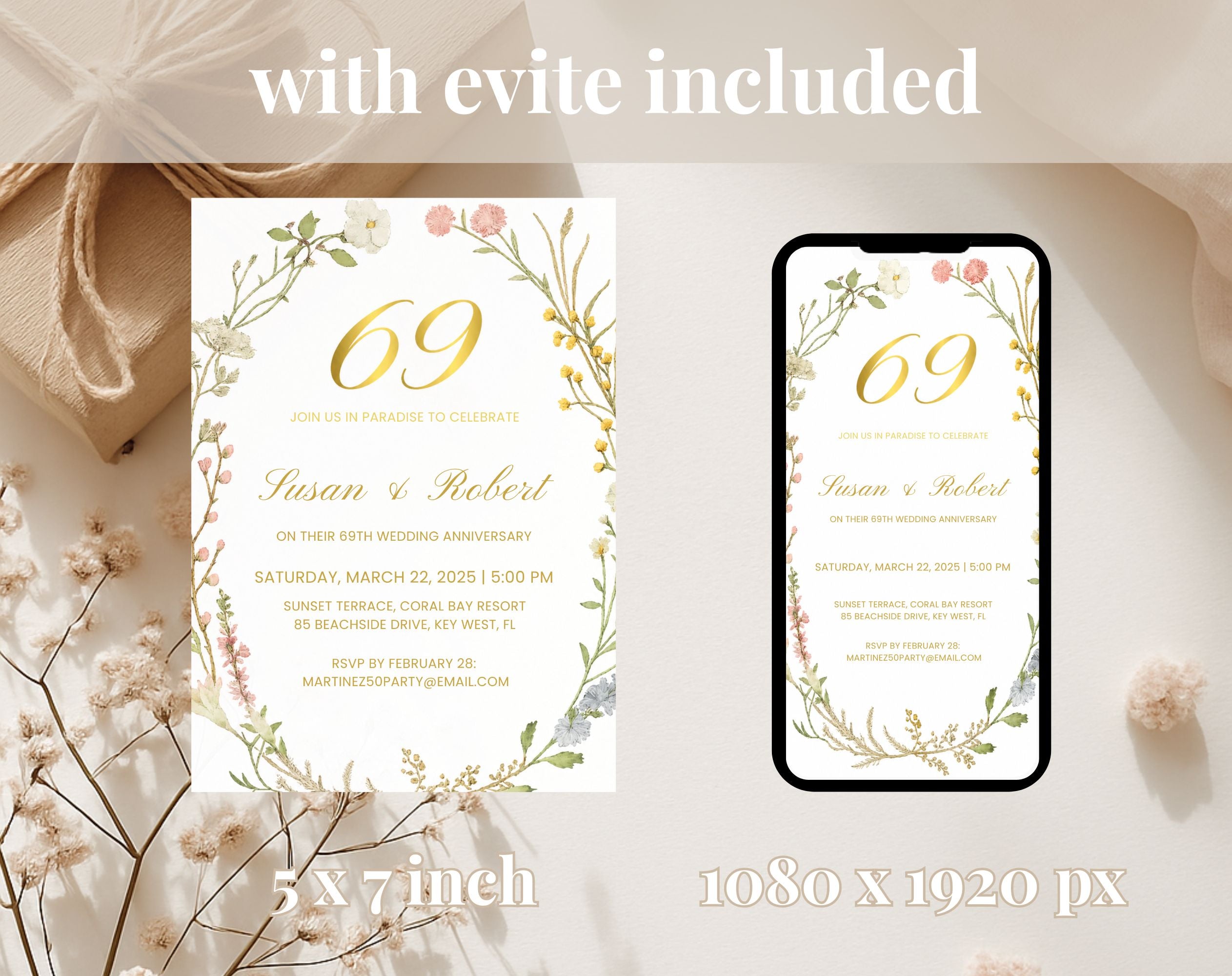 69th gold floral Wedding Anniversary Invitation