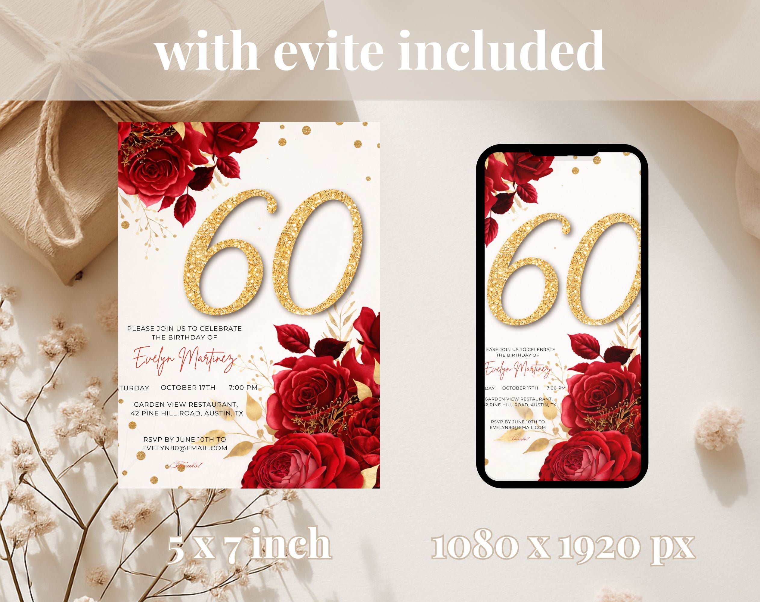 Elegant red golden 60th Birthday Invitation