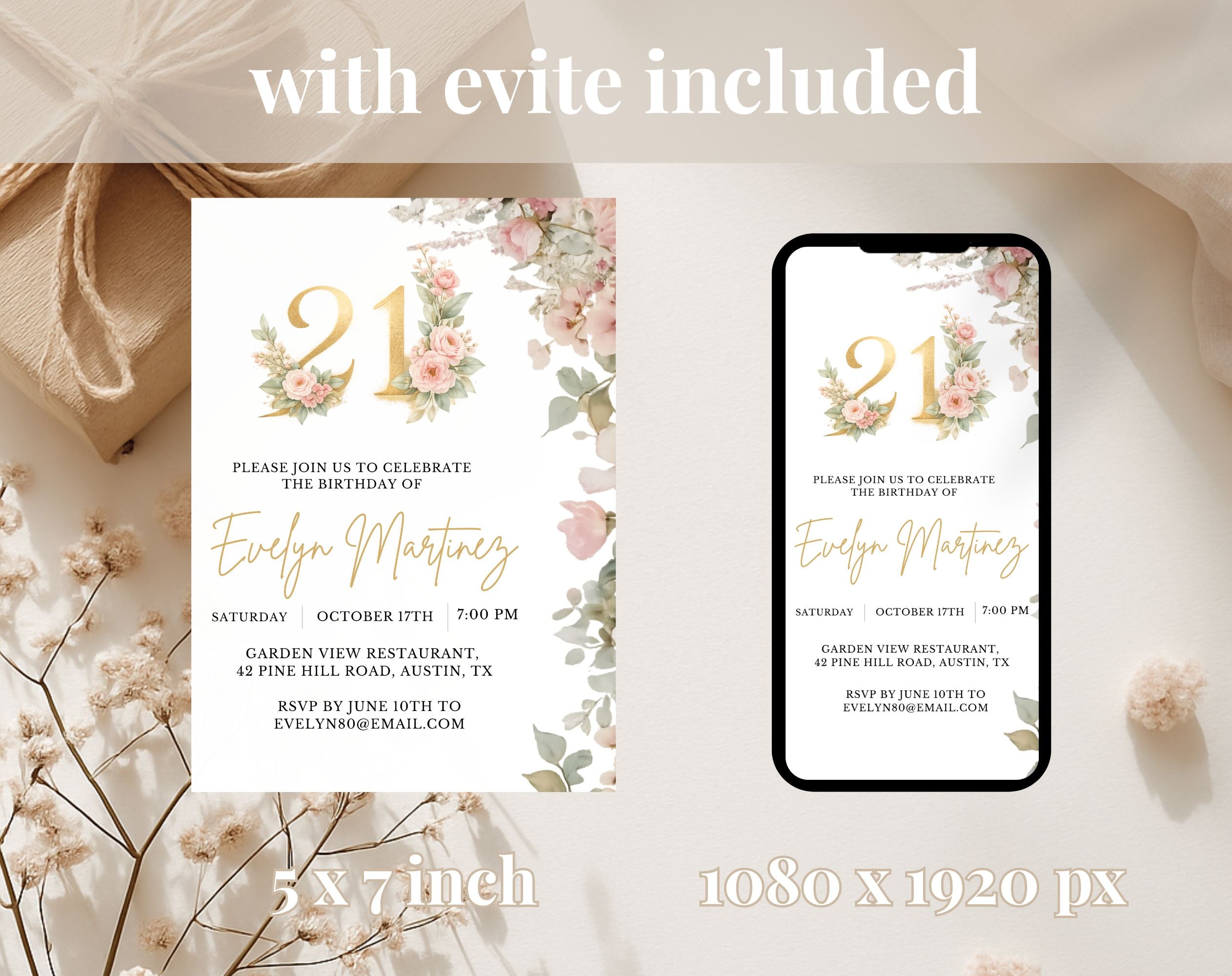 Elegant Floral 21st Birthday Invitation