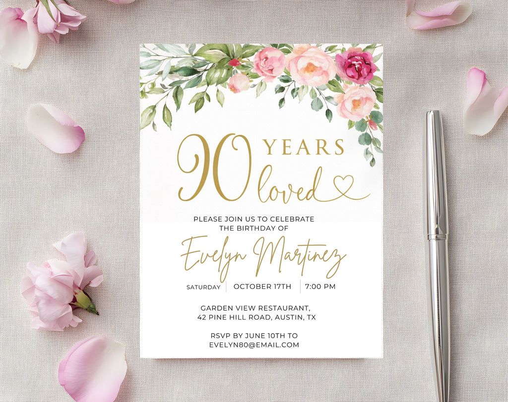 Gold Floral 90th Birthday Invitation