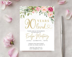 Gold Floral 90th Birthday Invitation