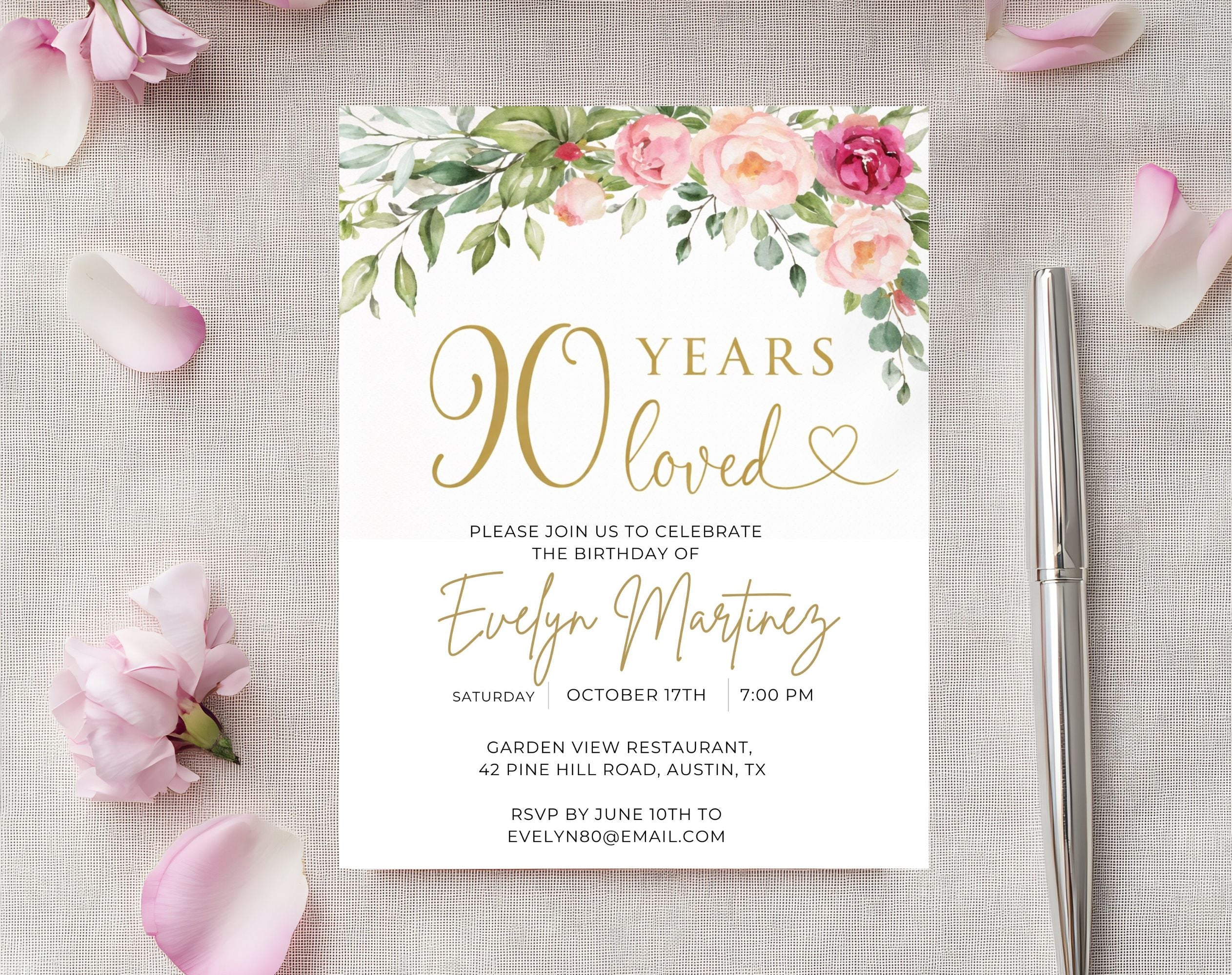 Gold Floral 90th Birthday Invitation