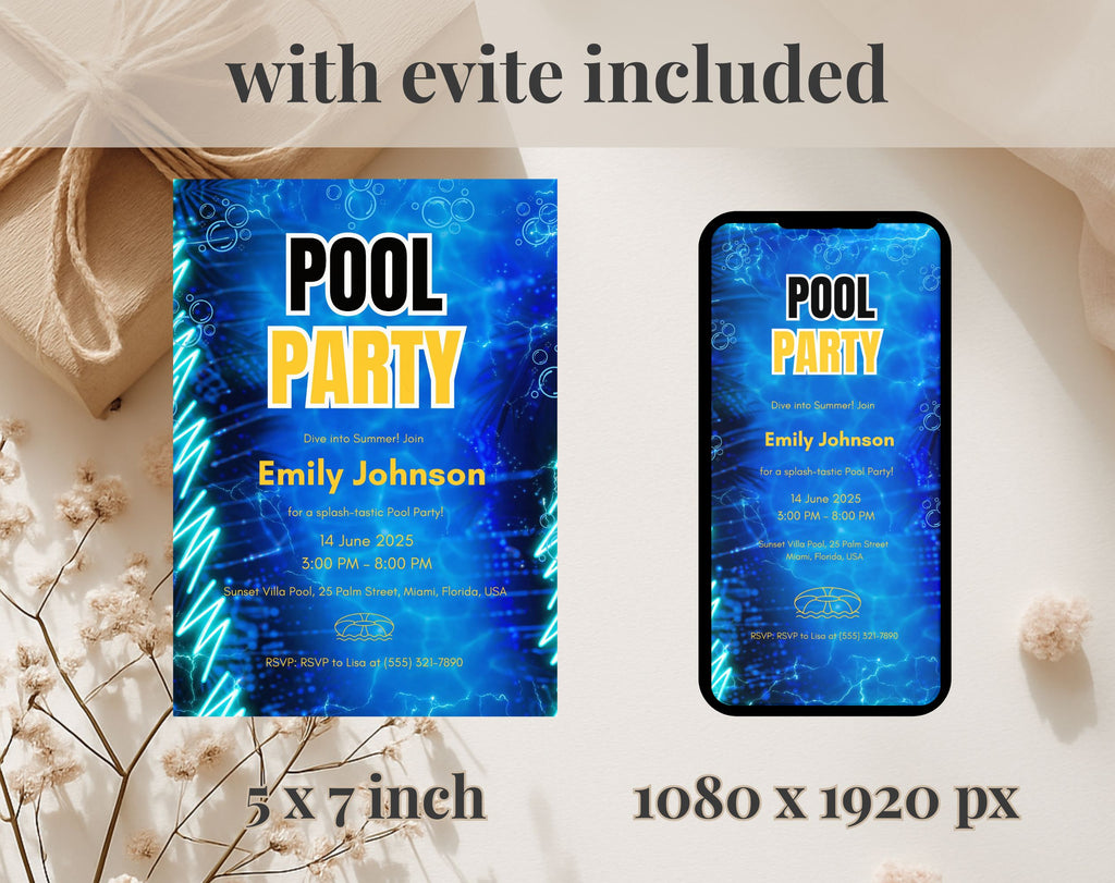 Blue Neon Pool  birthday Party Invitation