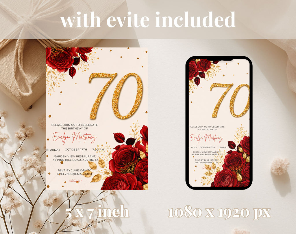 Elegant Red Rose 70th Birthday Invitation