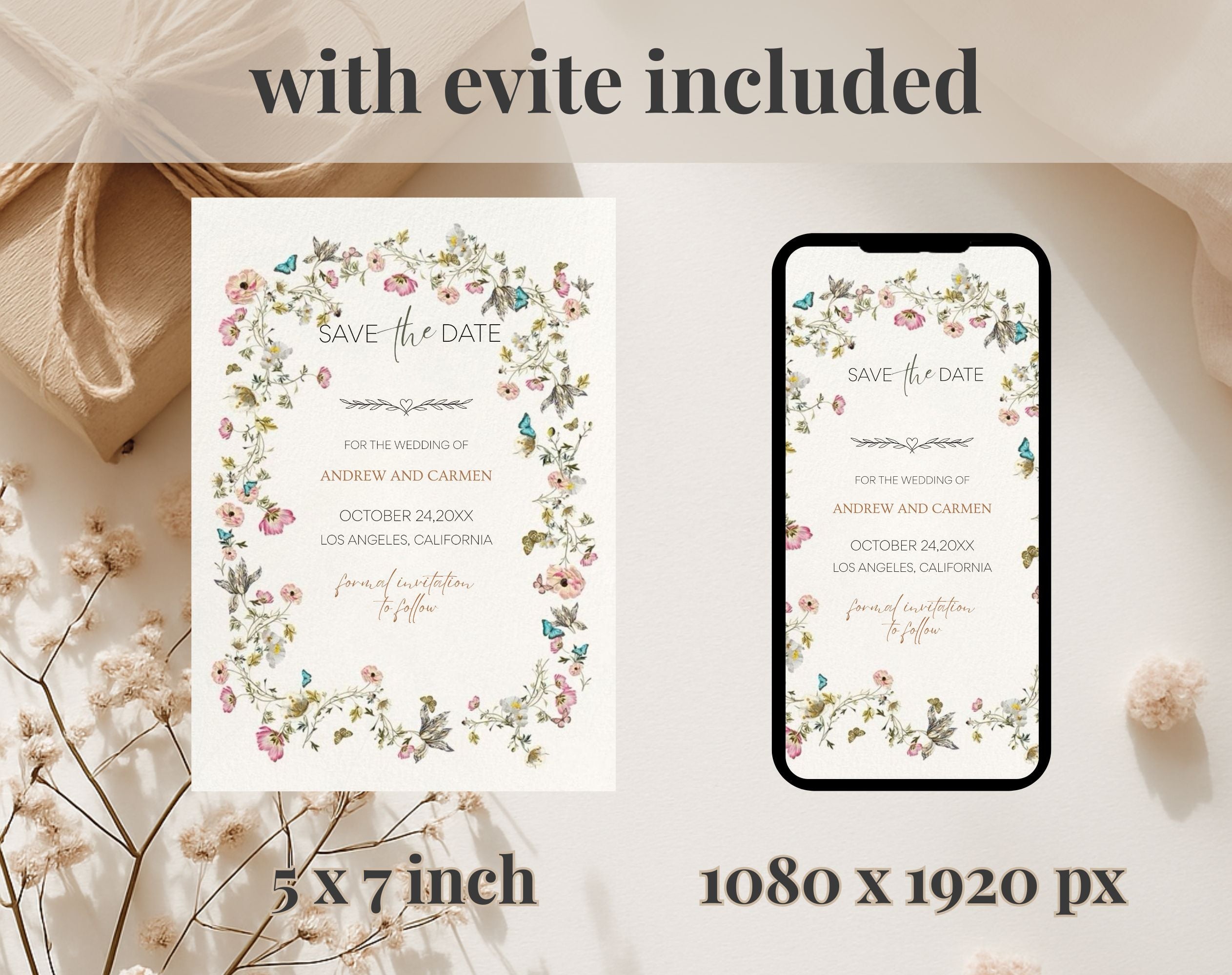 Beige Floral save the date Wedding Invitation
