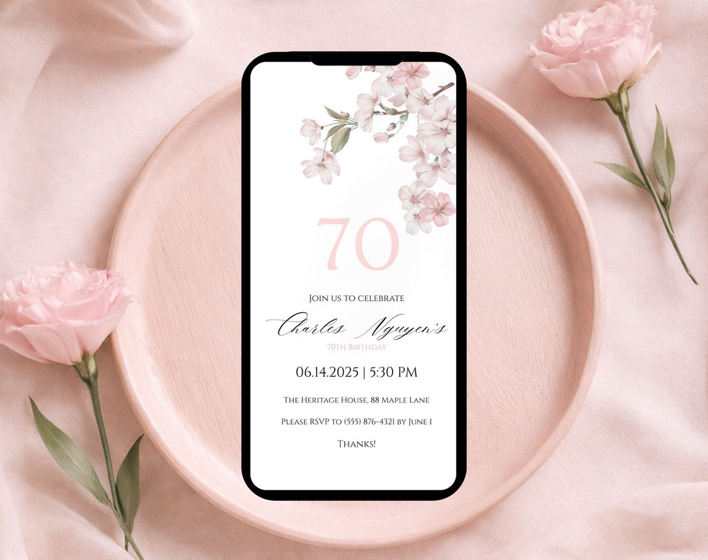White Elegant Pink Cherry Blossom 70th Birthday Invitation