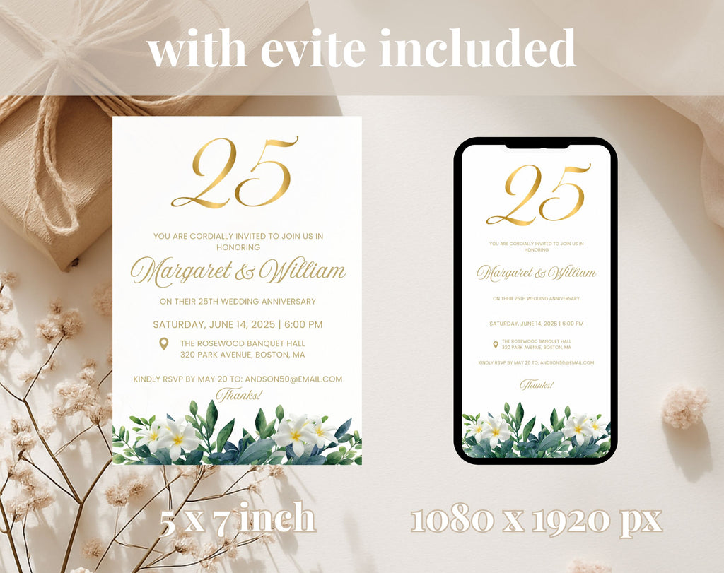 25th White Gold Wedding Anniversary Invitation