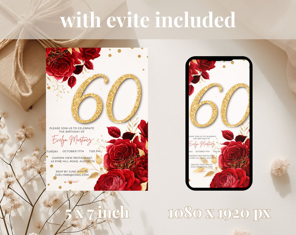 Elegant 60th Birthday Invitation Template With Matching Evite