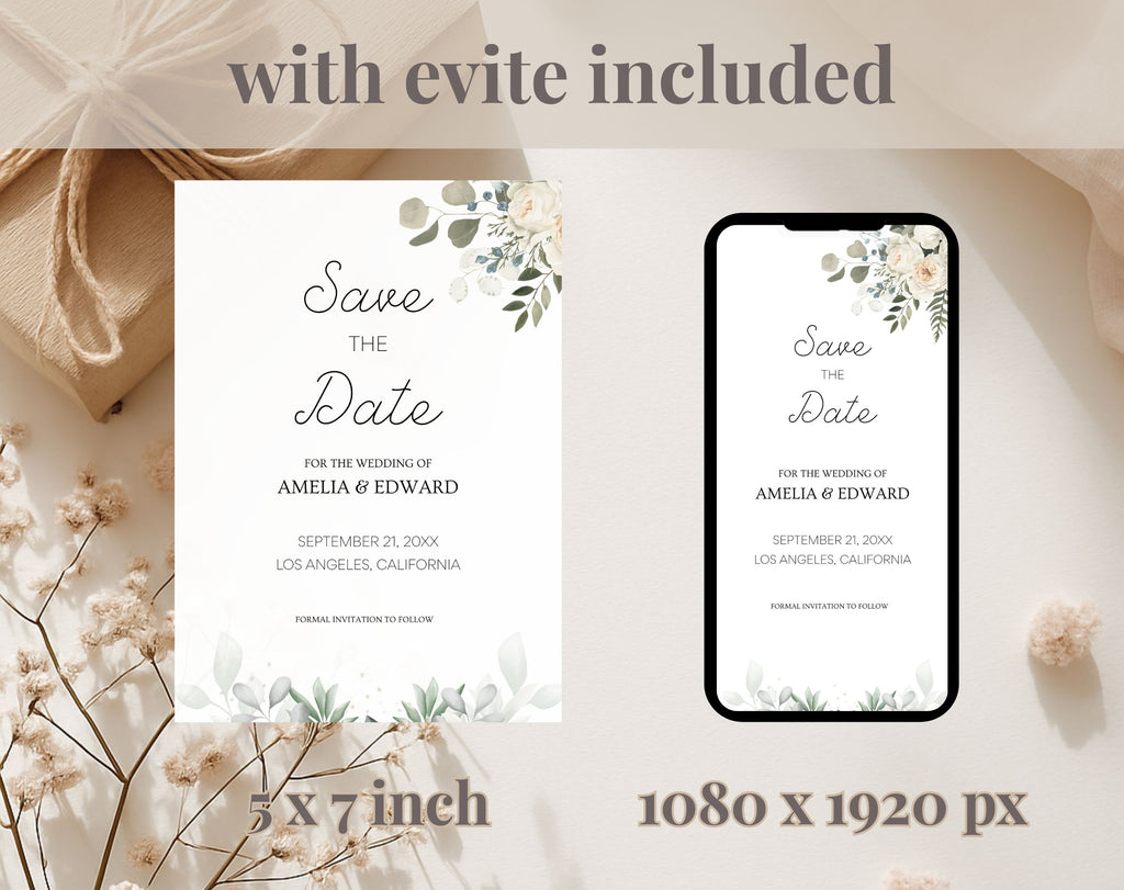 Minimal Save the Date Beige Green Wedding Invitation