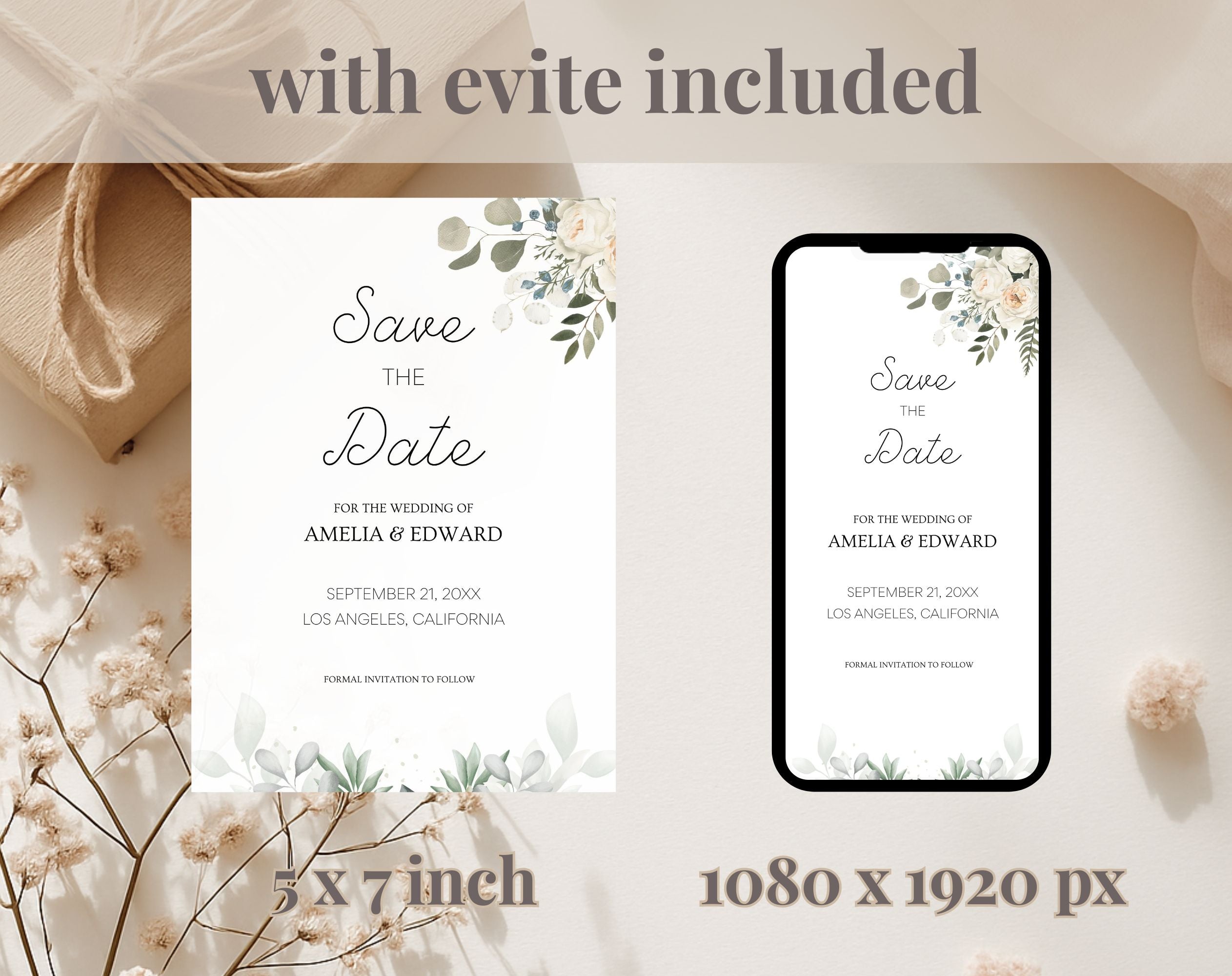 Minimal Save the Date Beige Green Wedding Invitation